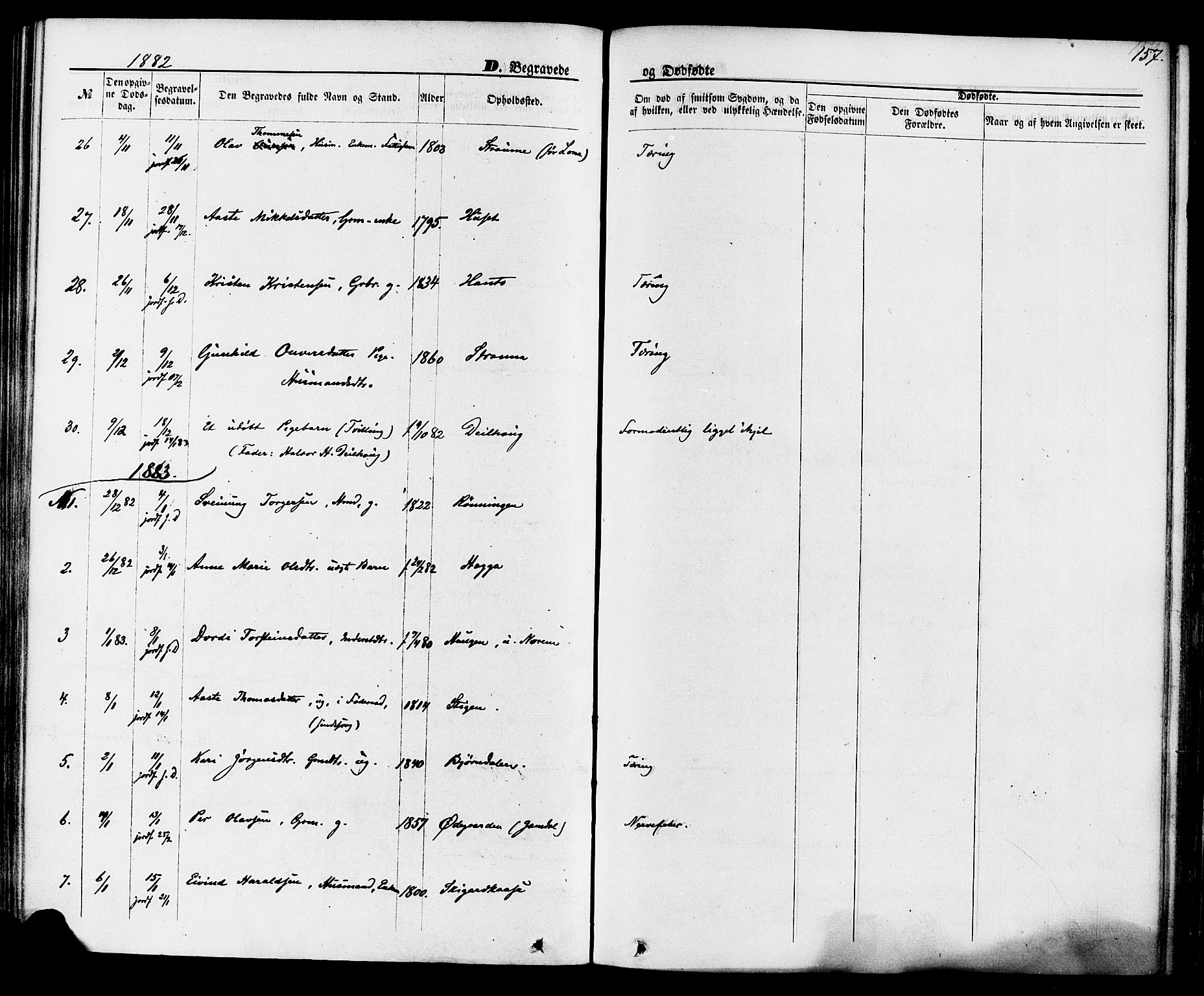 Lunde kirkebøker, AV/SAKO-A-282/F/Fa/L0001: Ministerialbok nr. I 1, 1866-1883, s. 157