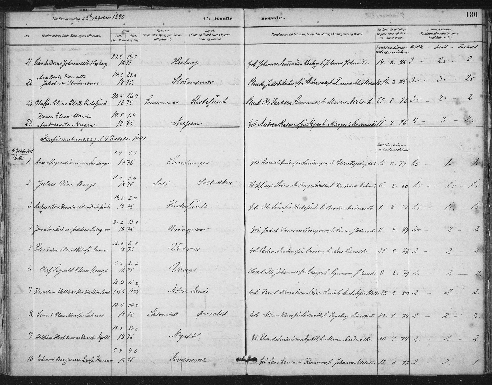 Ministerialprotokoller, klokkerbøker og fødselsregistre - Møre og Romsdal, AV/SAT-A-1454/503/L0037: Ministerialbok nr. 503A05, 1884-1900, s. 130