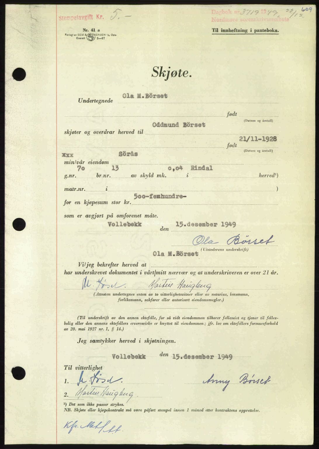 Nordmøre sorenskriveri, AV/SAT-A-4132/1/2/2Ca: Pantebok nr. A113, 1949-1950, Dagboknr: 3719/1949