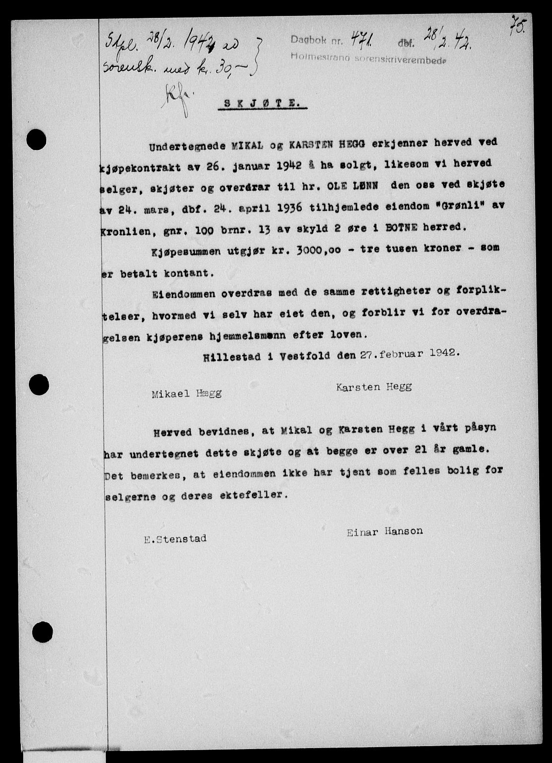 Holmestrand sorenskriveri, SAKO/A-67/G/Ga/Gaa/L0055: Pantebok nr. A-55, 1942-1942, Dagboknr: 471/1942