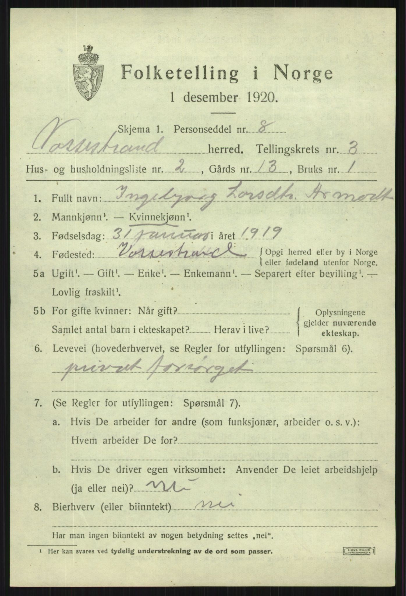 SAB, Folketelling 1920 for 1236 Vossestrand herred, 1920, s. 1456