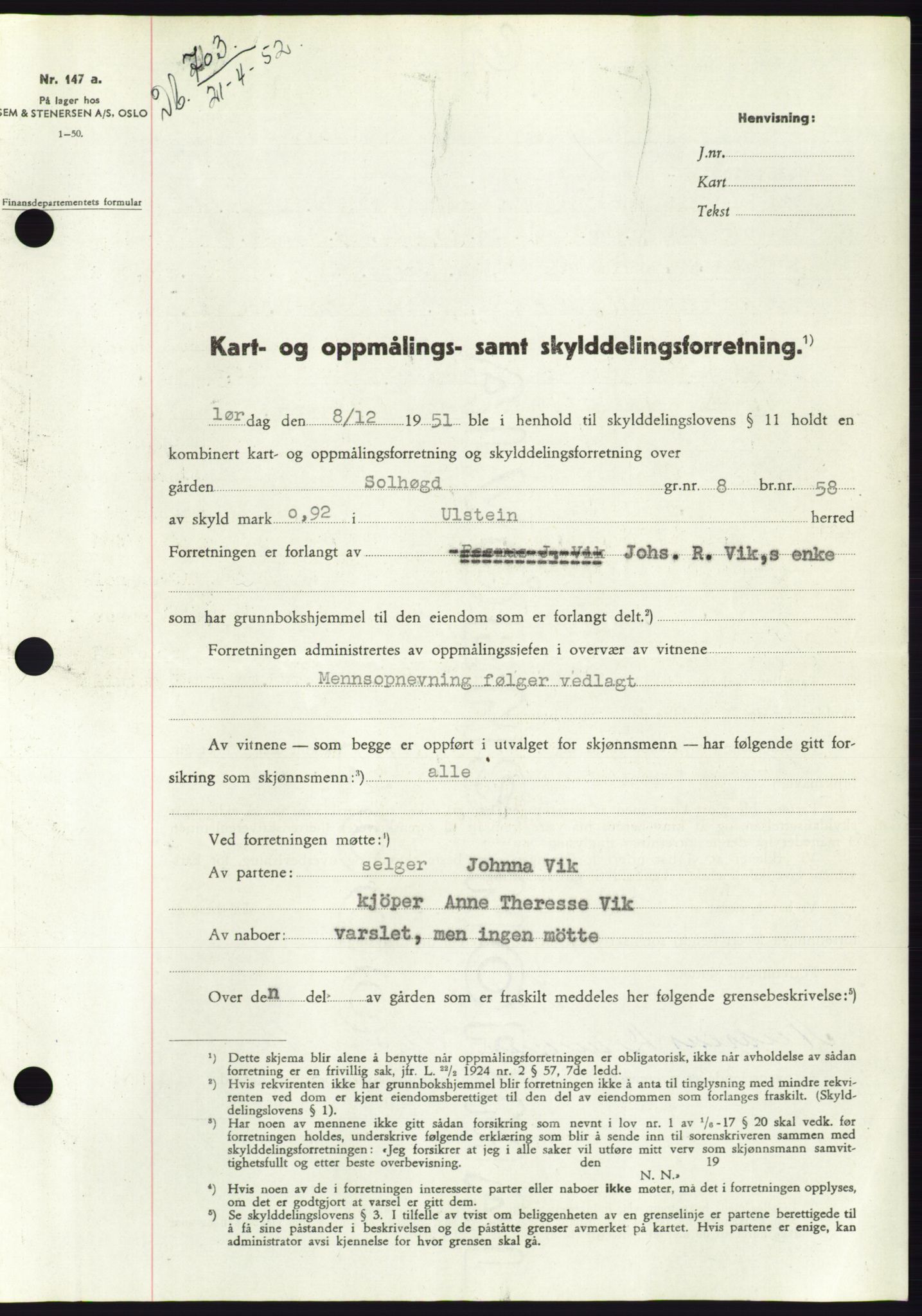 Søre Sunnmøre sorenskriveri, SAT/A-4122/1/2/2C/L0091: Pantebok nr. 17A, 1951-1952, Dagboknr: 703/1952
