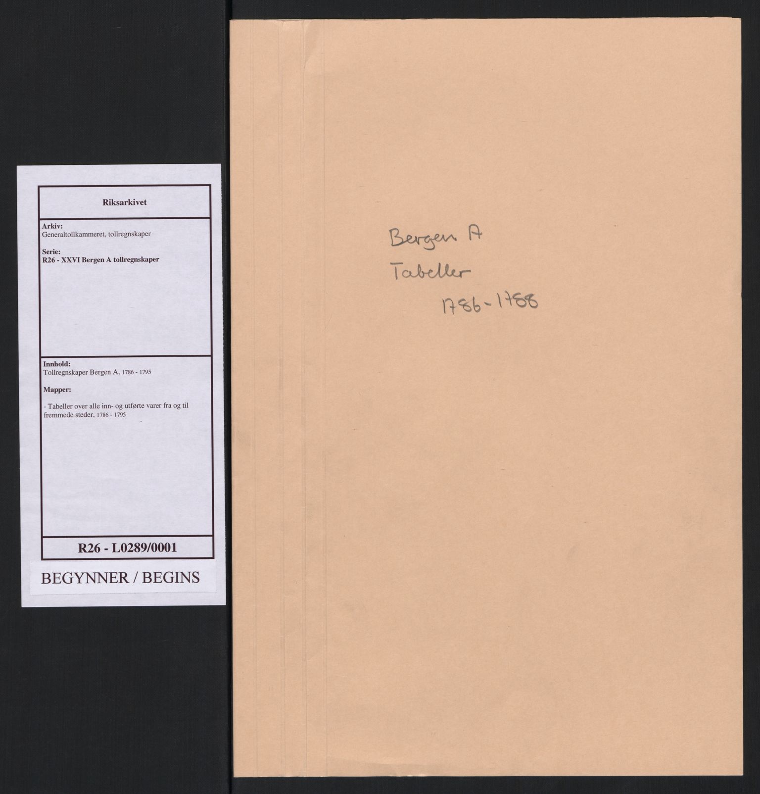 Generaltollkammeret, tollregnskaper, AV/RA-EA-5490/R26/L0289/0001: Tollregnskaper Bergen A / Tabeller over alle inn- og utførte varer fra og til fremmede steder, 1786-1795, s. 1