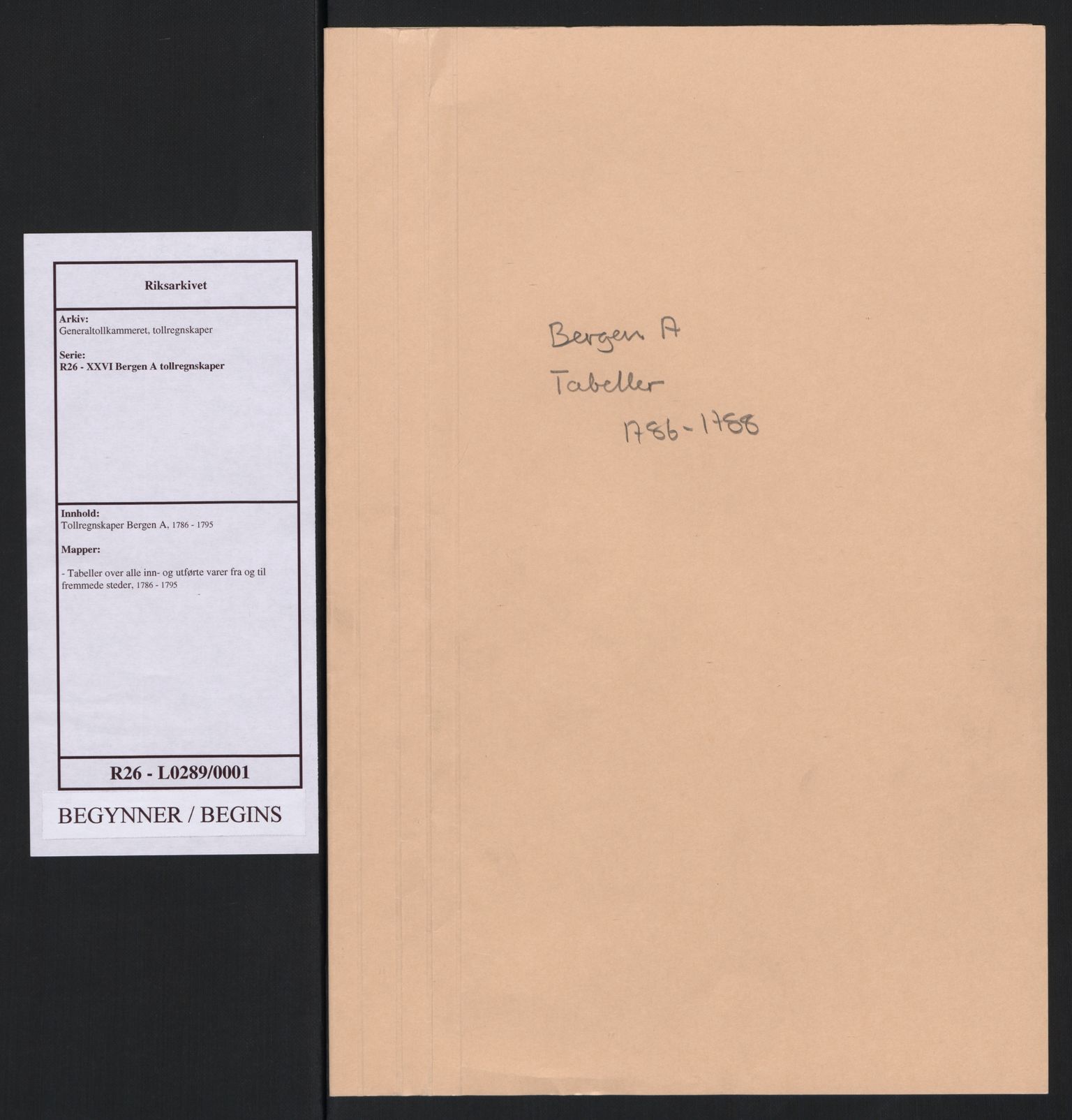 Generaltollkammeret, tollregnskaper, RA/EA-5490/R26/L0289/0001: Tollregnskaper Bergen A / Tabeller over alle inn- og utførte varer fra og til fremmede steder, 1786-1795, s. 1