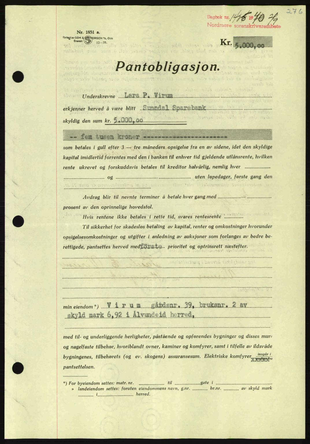 Nordmøre sorenskriveri, AV/SAT-A-4132/1/2/2Ca: Pantebok nr. B87, 1940-1941, Dagboknr: 1435/1940