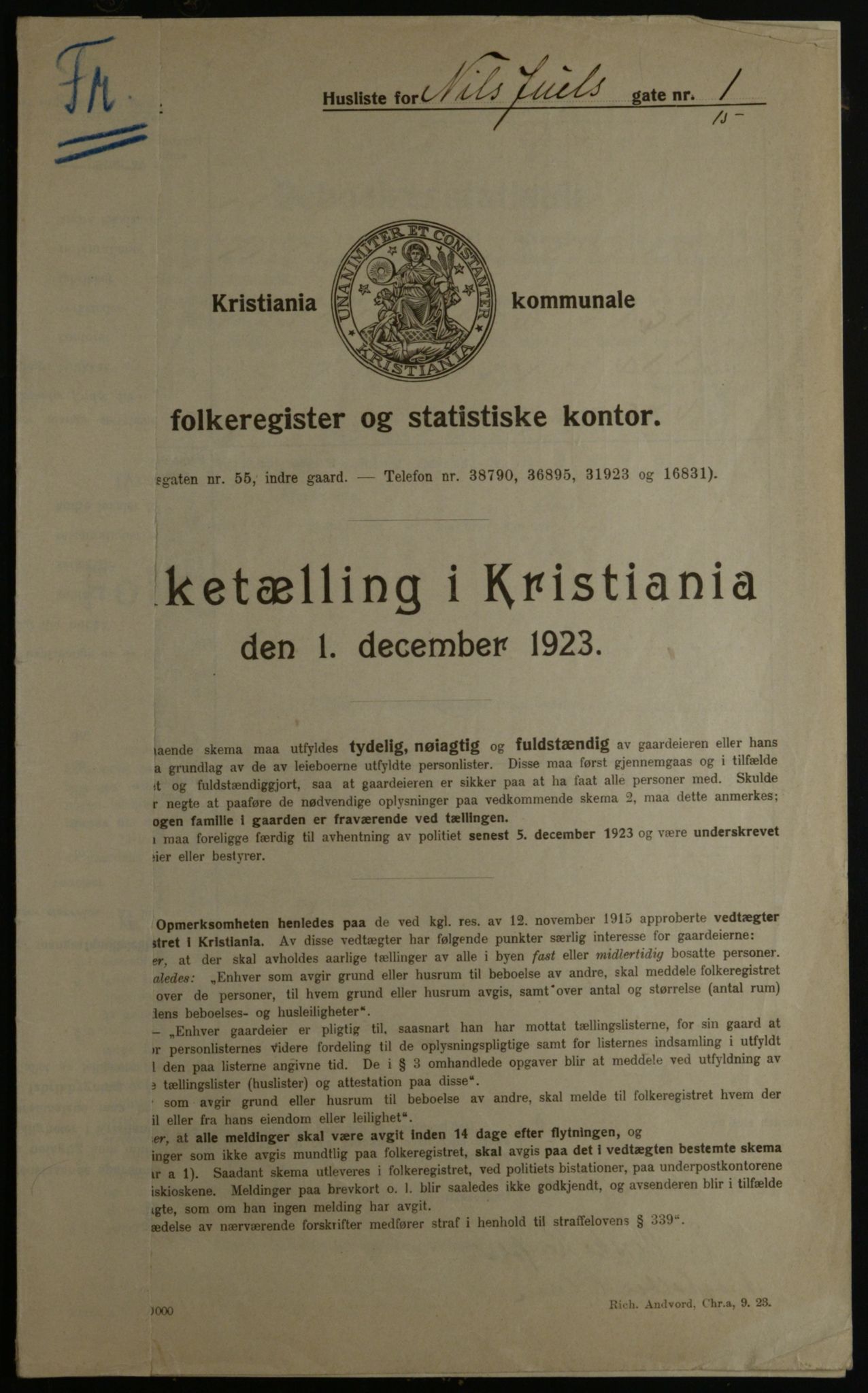 OBA, Kommunal folketelling 1.12.1923 for Kristiania, 1923, s. 77255