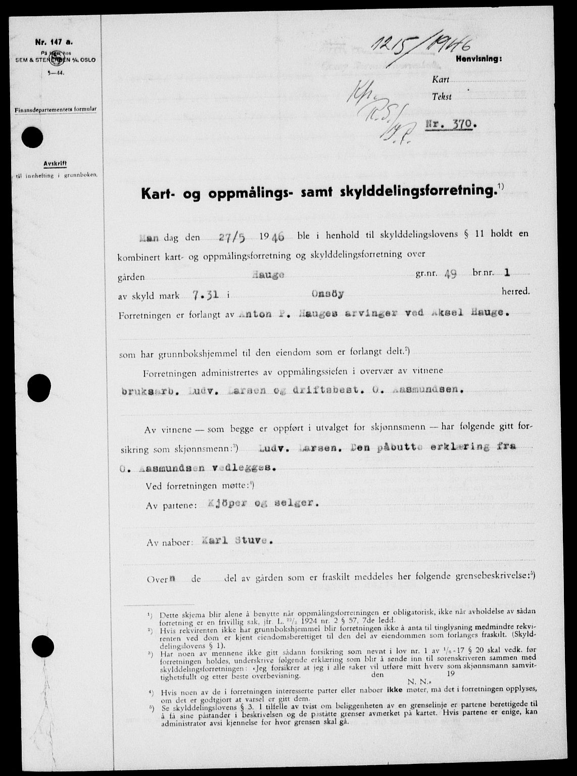 Onsøy sorenskriveri, SAO/A-10474/G/Ga/Gab/L0016: Pantebok nr. II A-16, 1946-1946, Dagboknr: 1215/1946