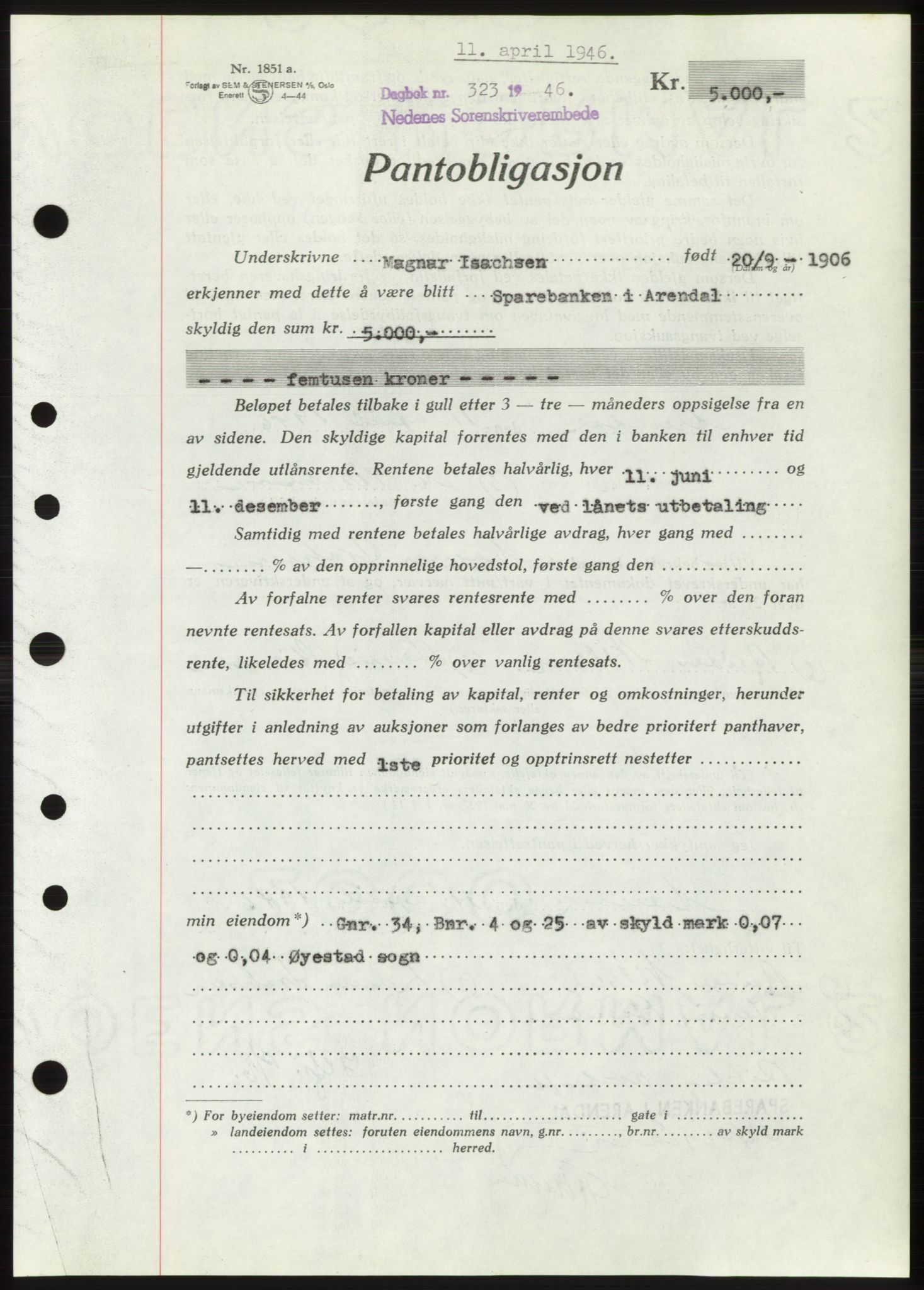 Nedenes sorenskriveri, SAK/1221-0006/G/Gb/Gbb/L0003: Pantebok nr. B3b, 1946-1946, Dagboknr: 323/1946