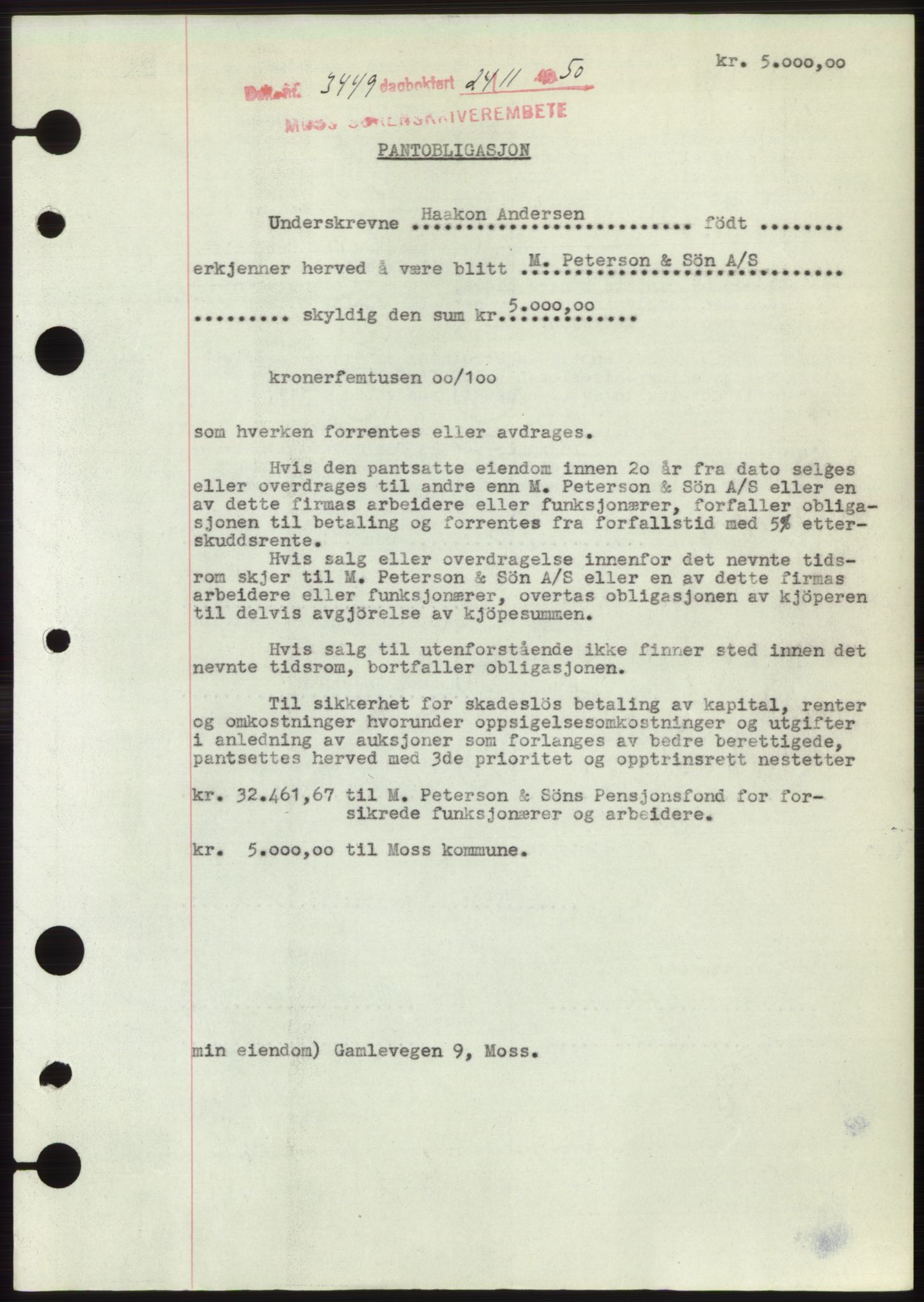 Moss sorenskriveri, SAO/A-10168: Pantebok nr. B25, 1950-1950, Dagboknr: 3449/1950