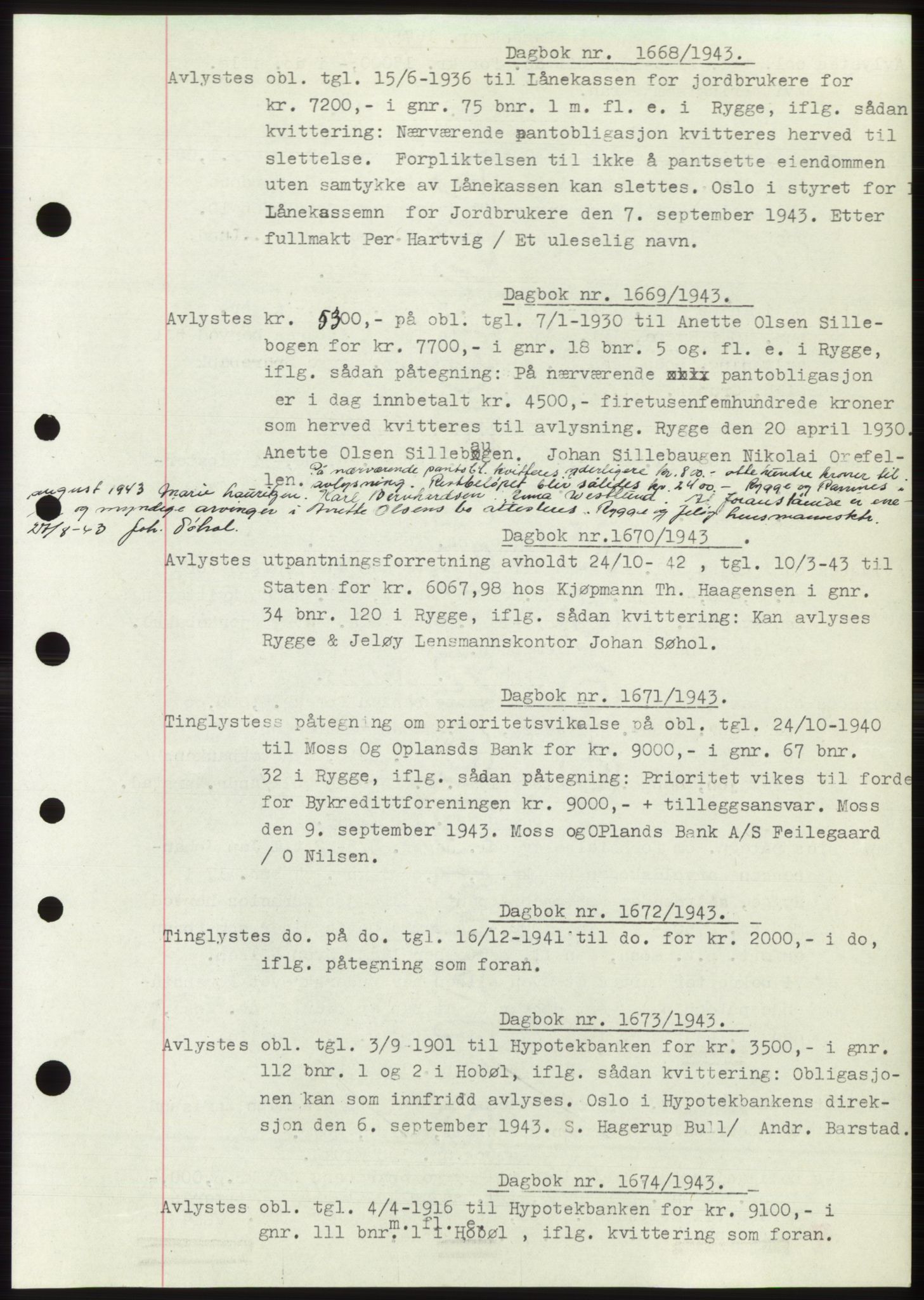 Moss sorenskriveri, SAO/A-10168: Pantebok nr. C10, 1938-1950, Dagboknr: 1668/1943