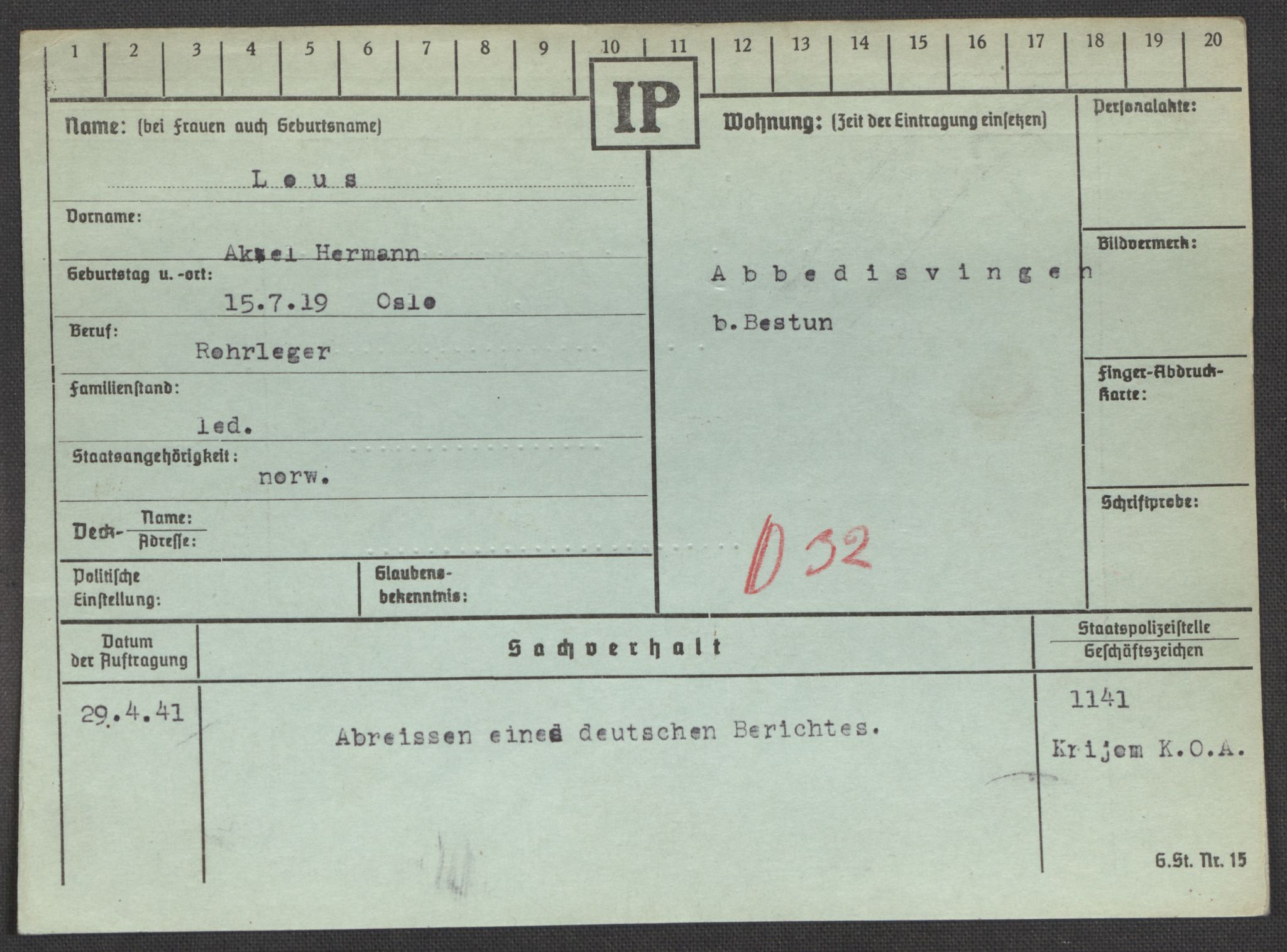 Befehlshaber der Sicherheitspolizei und des SD, AV/RA-RAFA-5969/E/Ea/Eaa/L0006: Register over norske fanger i Møllergata 19: Kj-Lund, 1940-1945, s. 1263