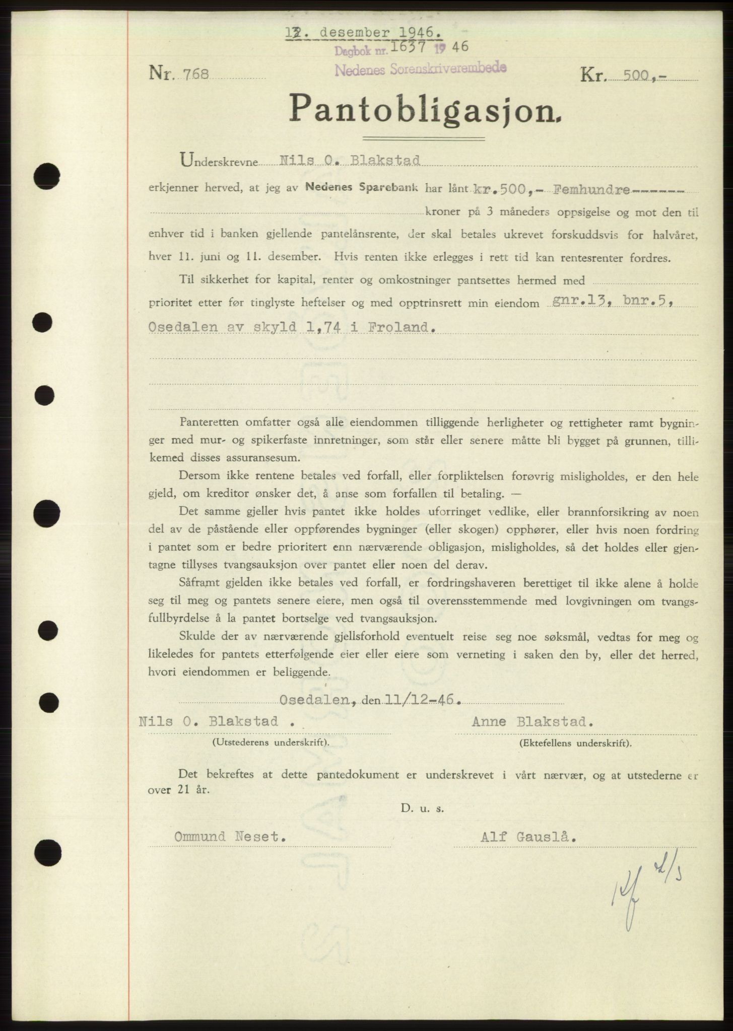 Nedenes sorenskriveri, SAK/1221-0006/G/Gb/Gbb/L0003: Pantebok nr. B3b, 1946-1946, Dagboknr: 1637/1946