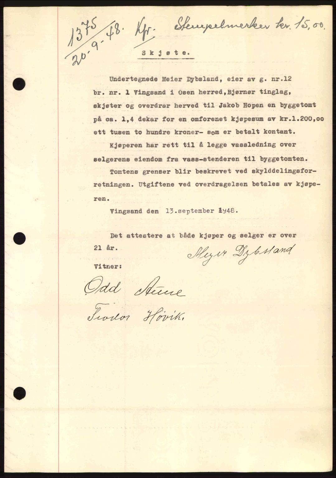 Fosen sorenskriveri, AV/SAT-A-1107/1/2/2C: Pantebok nr. A8, 1948-1948, Dagboknr: 1375/1948