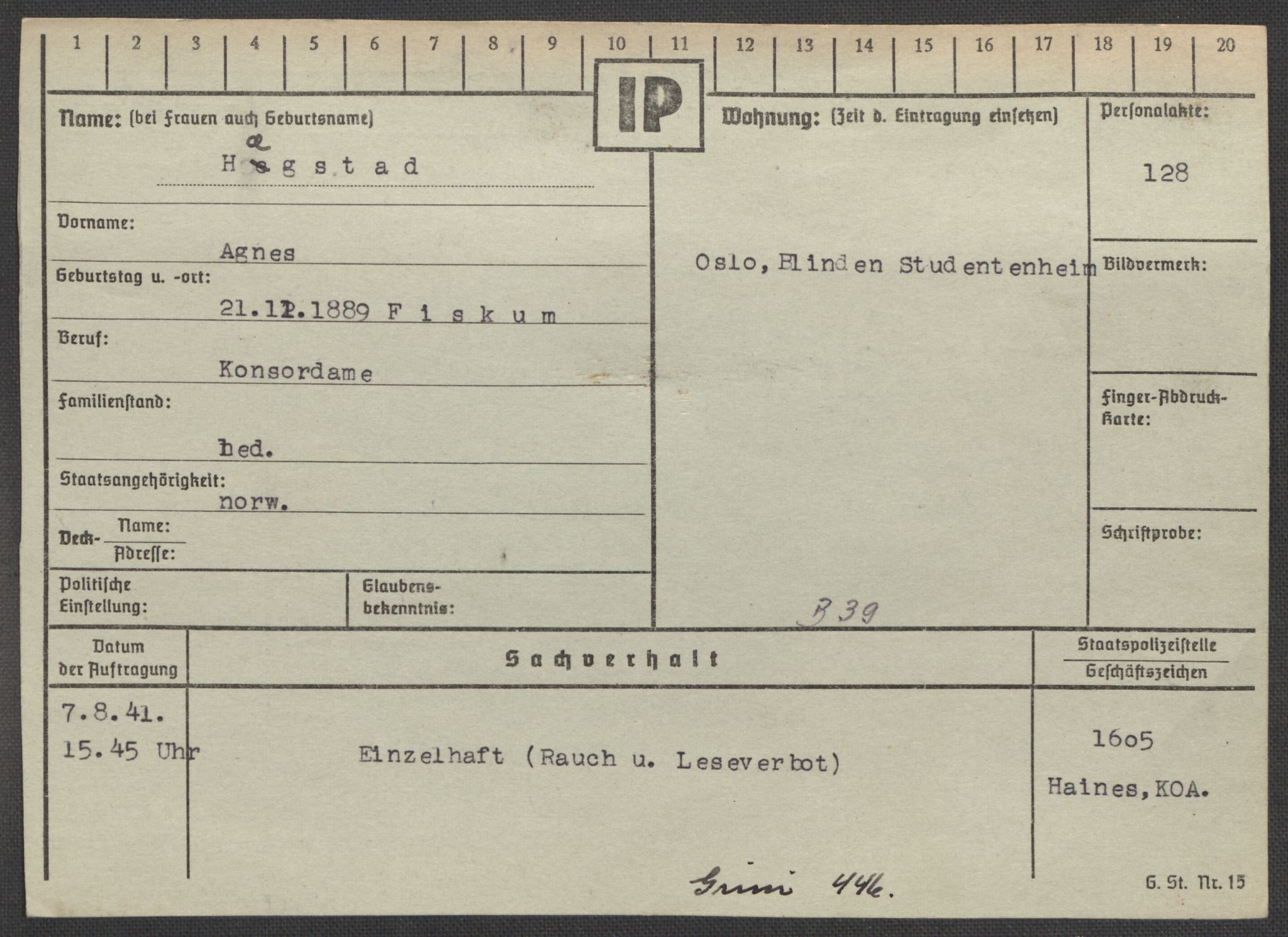 Befehlshaber der Sicherheitspolizei und des SD, RA/RAFA-5969/E/Ea/Eaa/L0004: Register over norske fanger i Møllergata 19: Hal-Hæ, 1940-1945, s. 1483