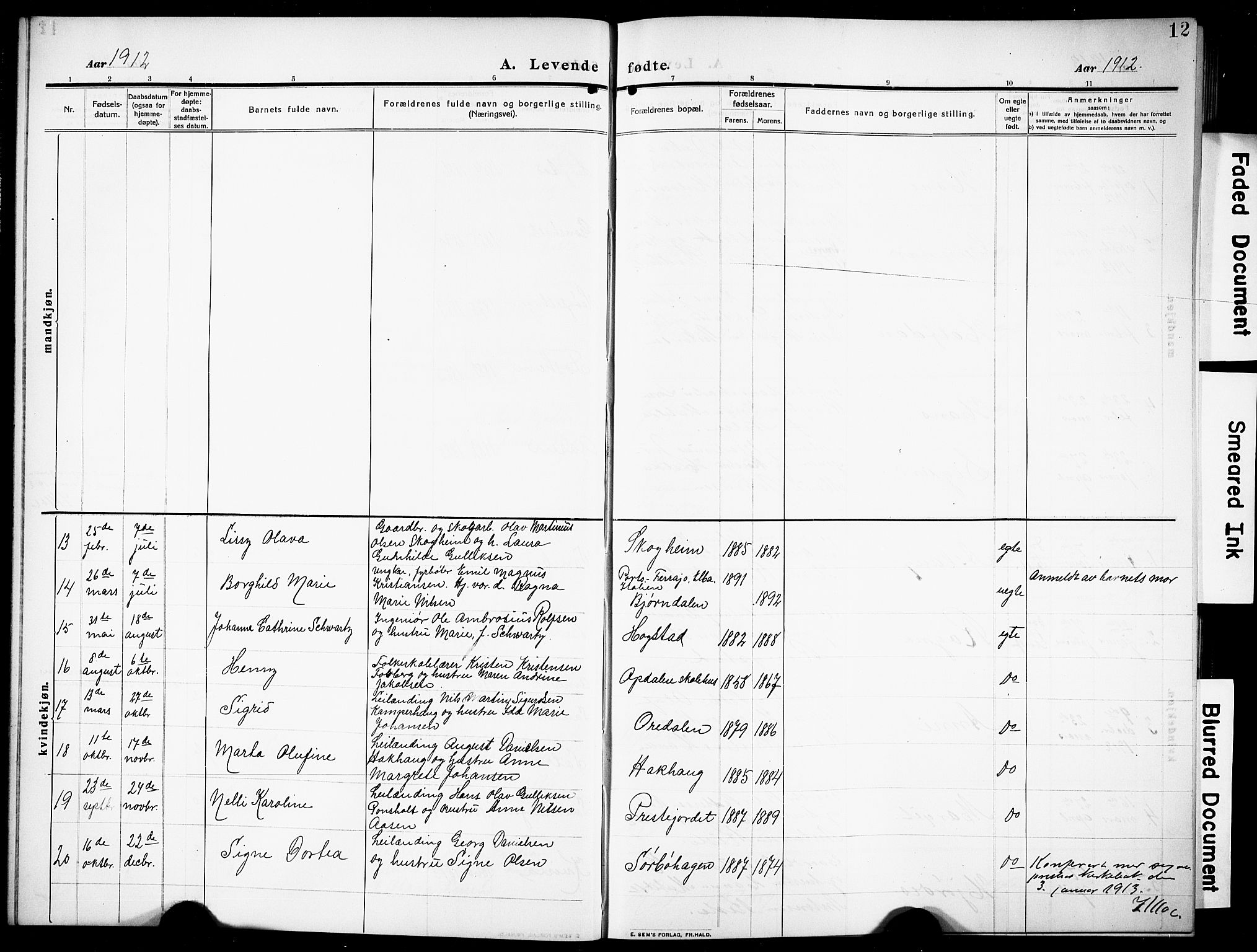 Siljan kirkebøker, AV/SAKO-A-300/G/Ga/L0003: Klokkerbok nr. 3, 1909-1927, s. 12