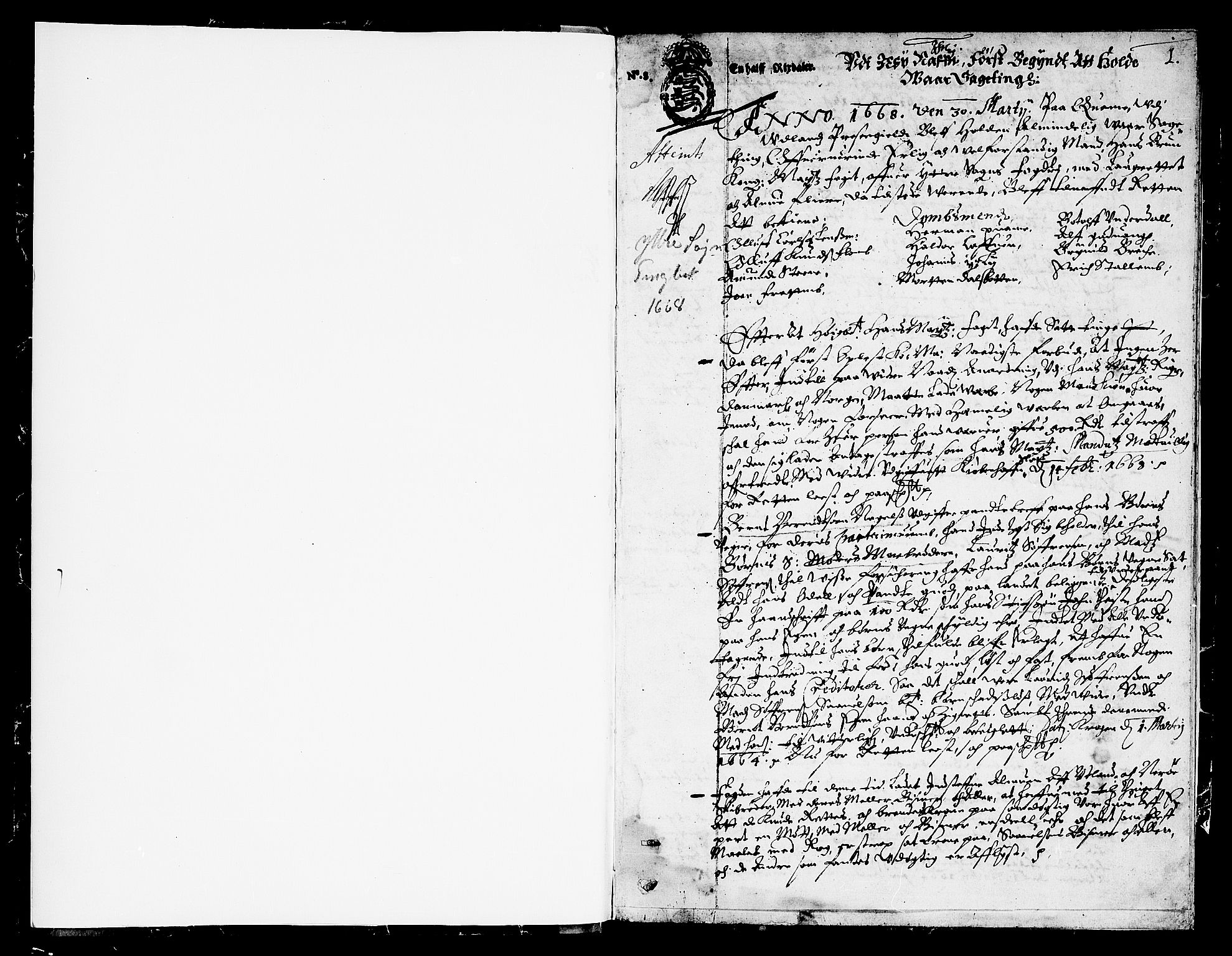 Ytre Sogn tingrett, AV/SAB-A-2601/1/F/Fa/L0006: Tingbok (justisprotokoll), 1668, s. 0b-1a