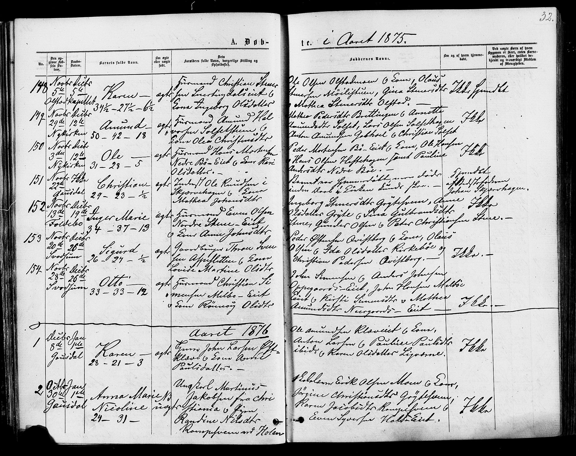 Østre Gausdal prestekontor, AV/SAH-PREST-092/H/Ha/Haa/L0001: Ministerialbok nr. 1, 1874-1886, s. 32