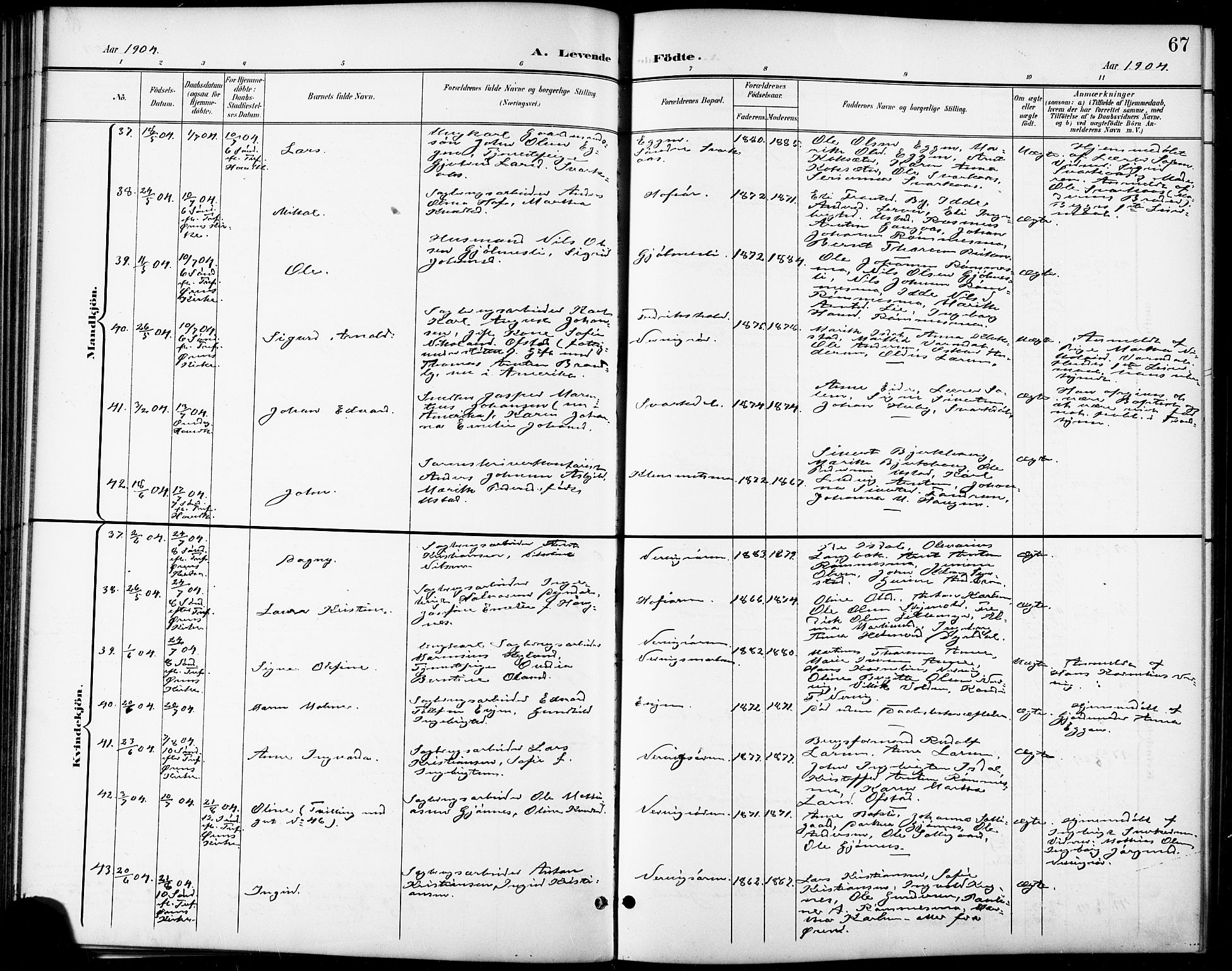 Ministerialprotokoller, klokkerbøker og fødselsregistre - Sør-Trøndelag, AV/SAT-A-1456/668/L0819: Klokkerbok nr. 668C08, 1899-1912, s. 67