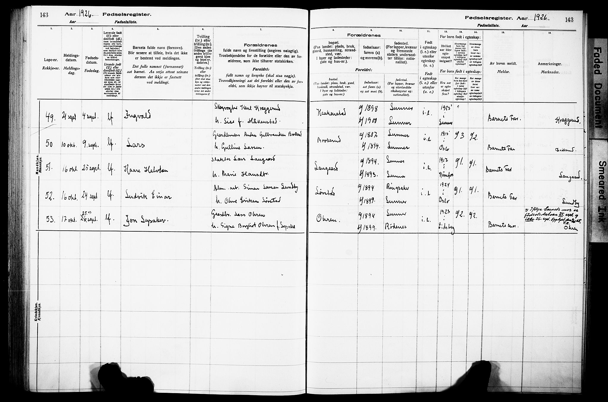 Lunner prestekontor, SAH/PREST-118/I/Id/L0001: Fødselsregister nr. 1, 1916-1932, s. 143