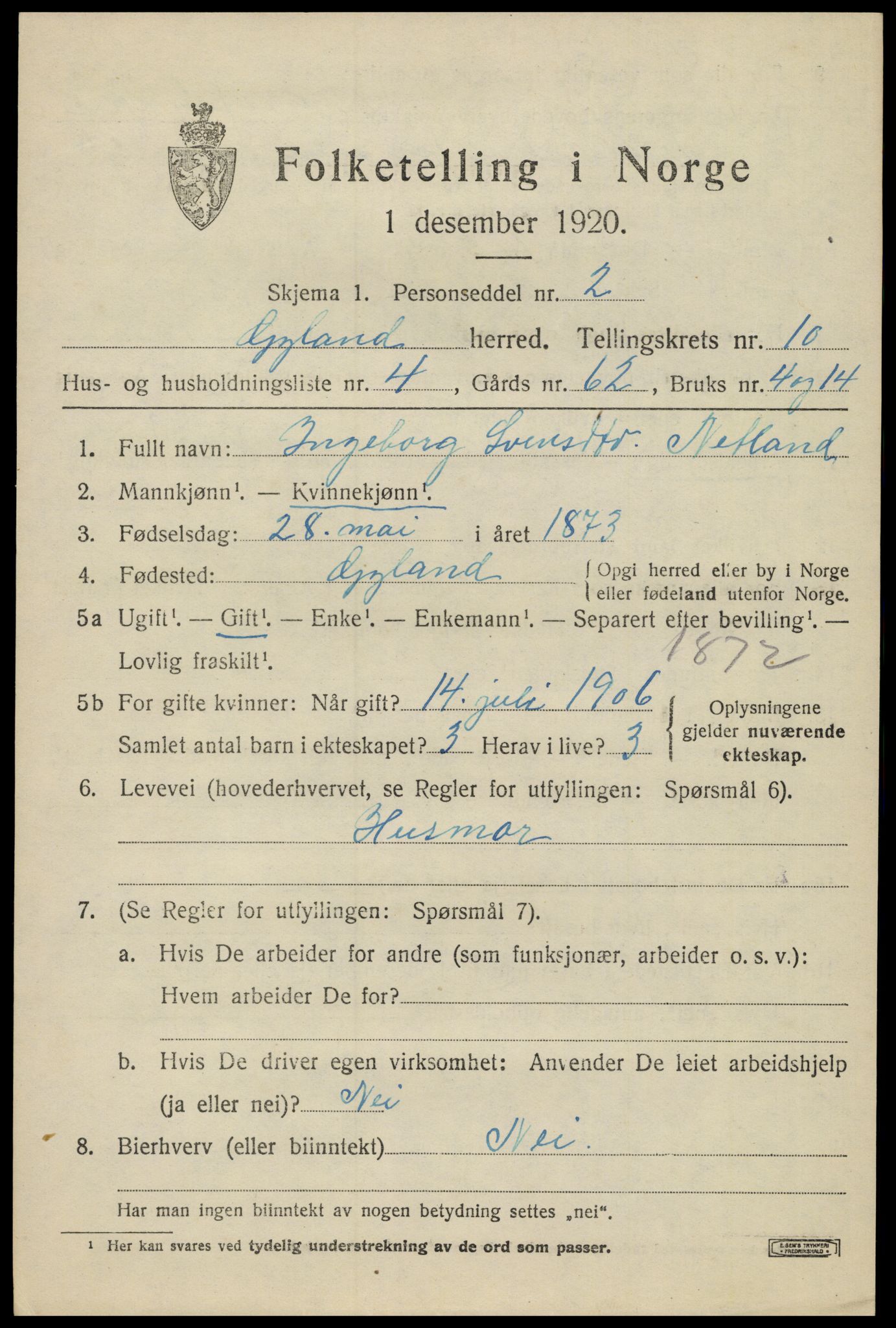 SAK, Folketelling 1920 for 1044 Gyland herred, 1920, s. 2206