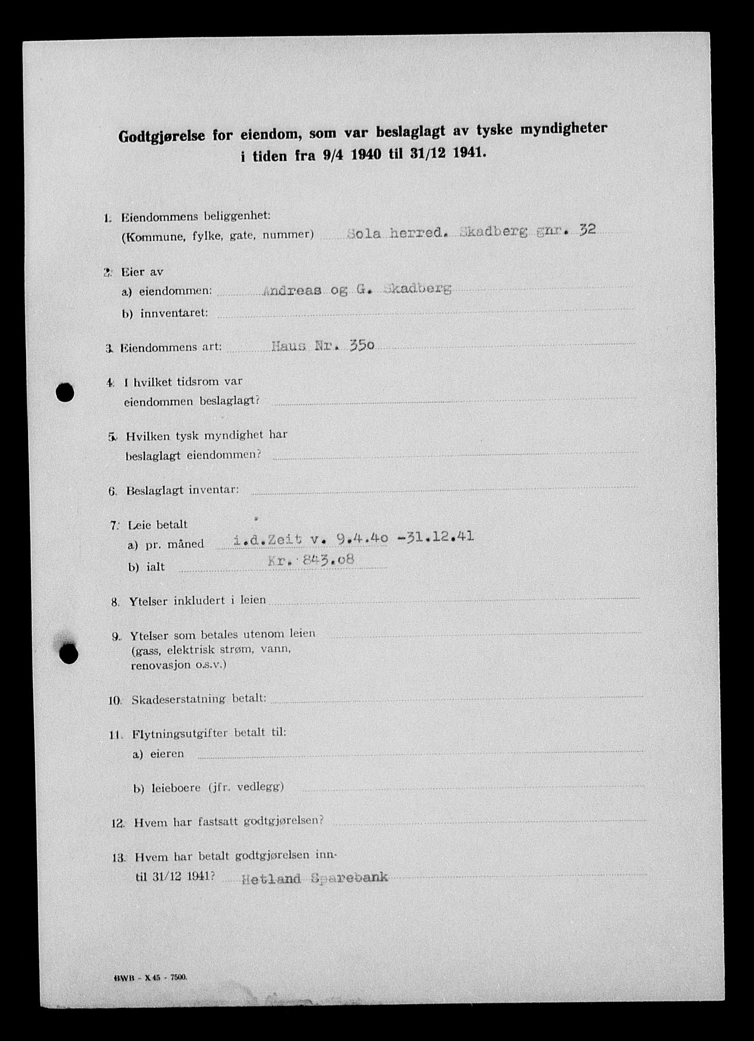 Justisdepartementet, Tilbakeføringskontoret for inndratte formuer, AV/RA-S-1564/I/L1015: Godtgjørelse for beslaglagt eiendom, 1940-1941, s. 163