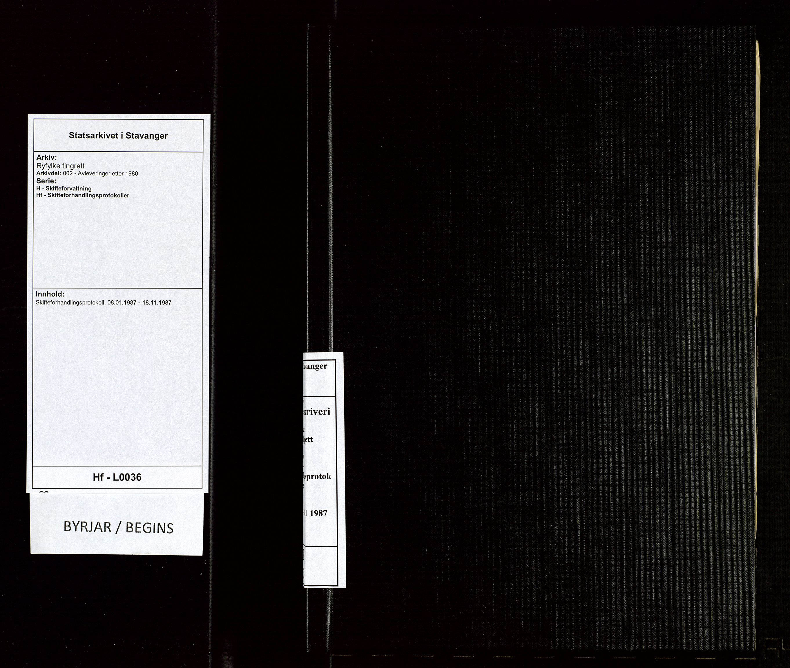 Ryfylke tingrett, AV/SAST-A-100055/002/H/Hf/L0036: Skifteforhandlingsprotokoll, 1987