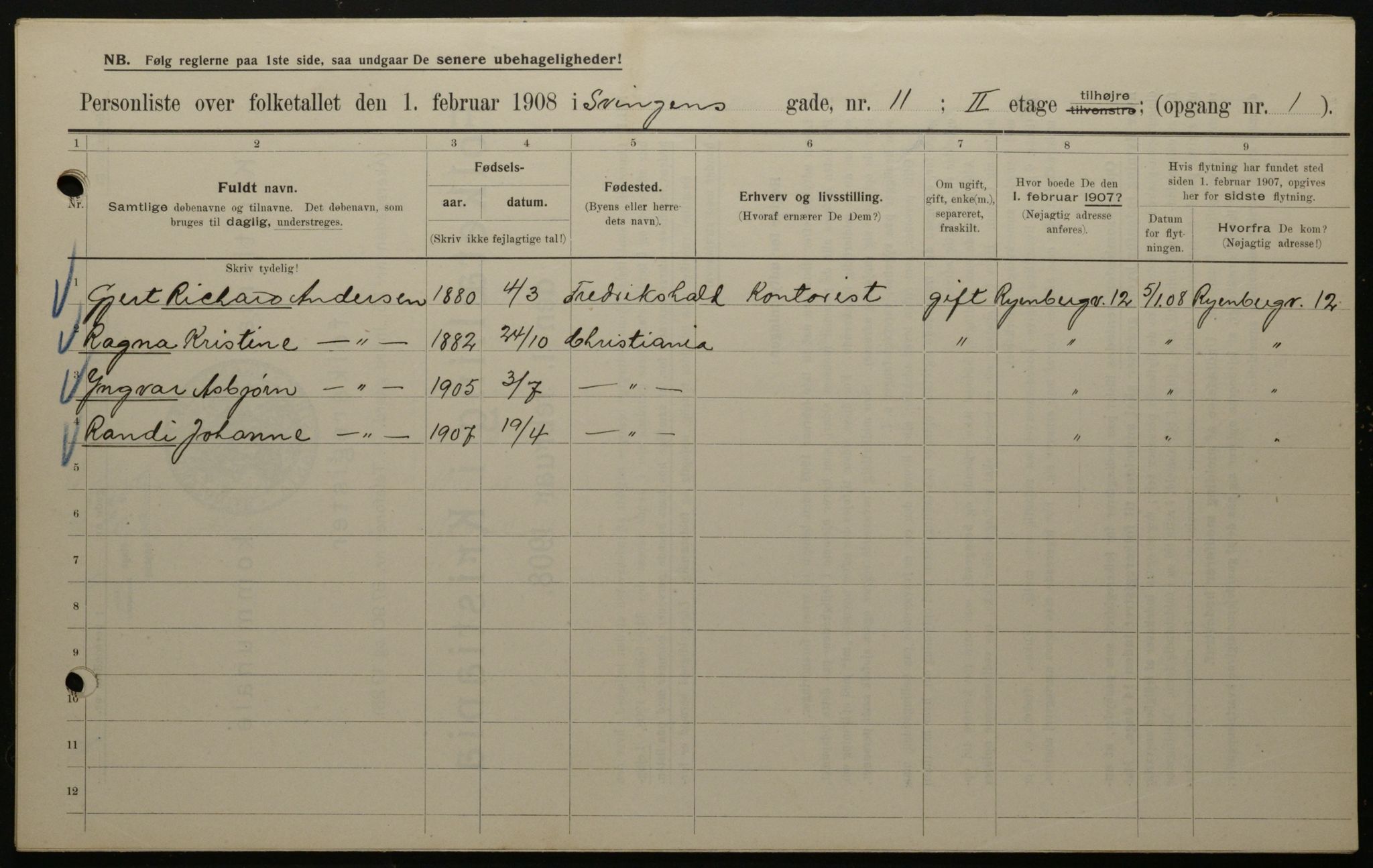 OBA, Kommunal folketelling 1.2.1908 for Kristiania kjøpstad, 1908, s. 95459