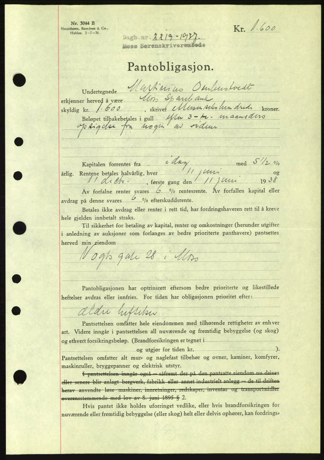 Moss sorenskriveri, SAO/A-10168: Pantebok nr. B4, 1937-1938, Dagboknr: 2219/1937