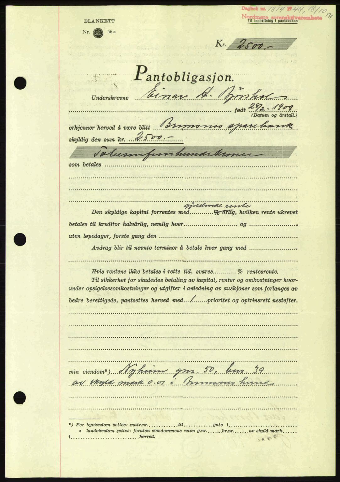 Nordmøre sorenskriveri, AV/SAT-A-4132/1/2/2Ca: Pantebok nr. B92, 1944-1945, Dagboknr: 1814/1944