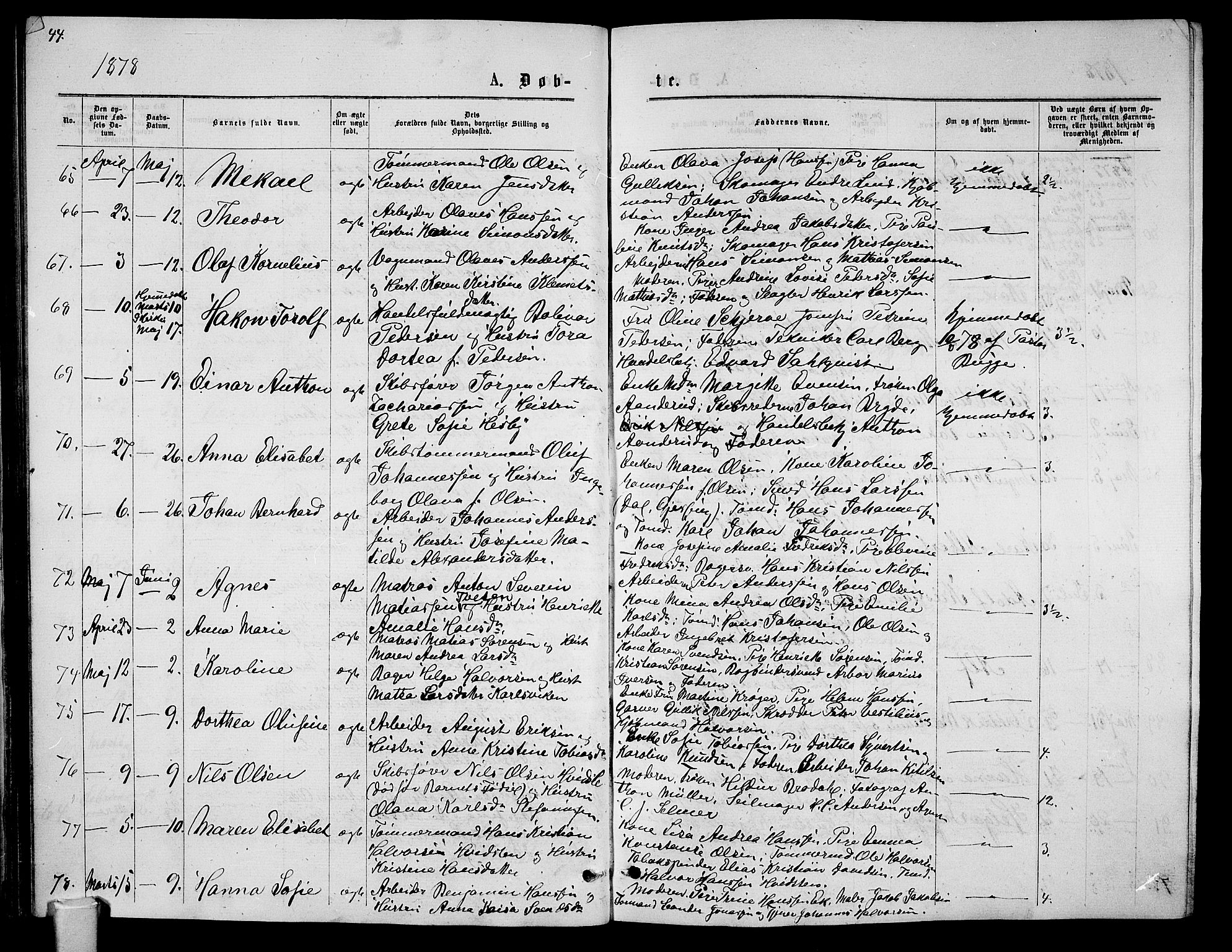 Tønsberg kirkebøker, AV/SAKO-A-330/G/Ga/L0005: Klokkerbok nr. 5, 1875-1885, s. 44
