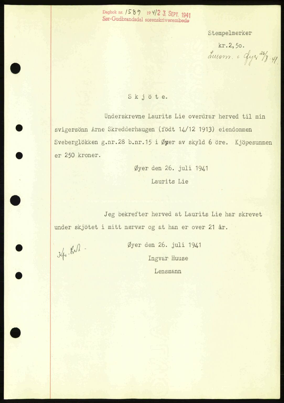 Sør-Gudbrandsdal tingrett, SAH/TING-004/H/Hb/Hbd/L0009: Pantebok nr. A9, 1941-1941, Dagboknr: 1589/1941