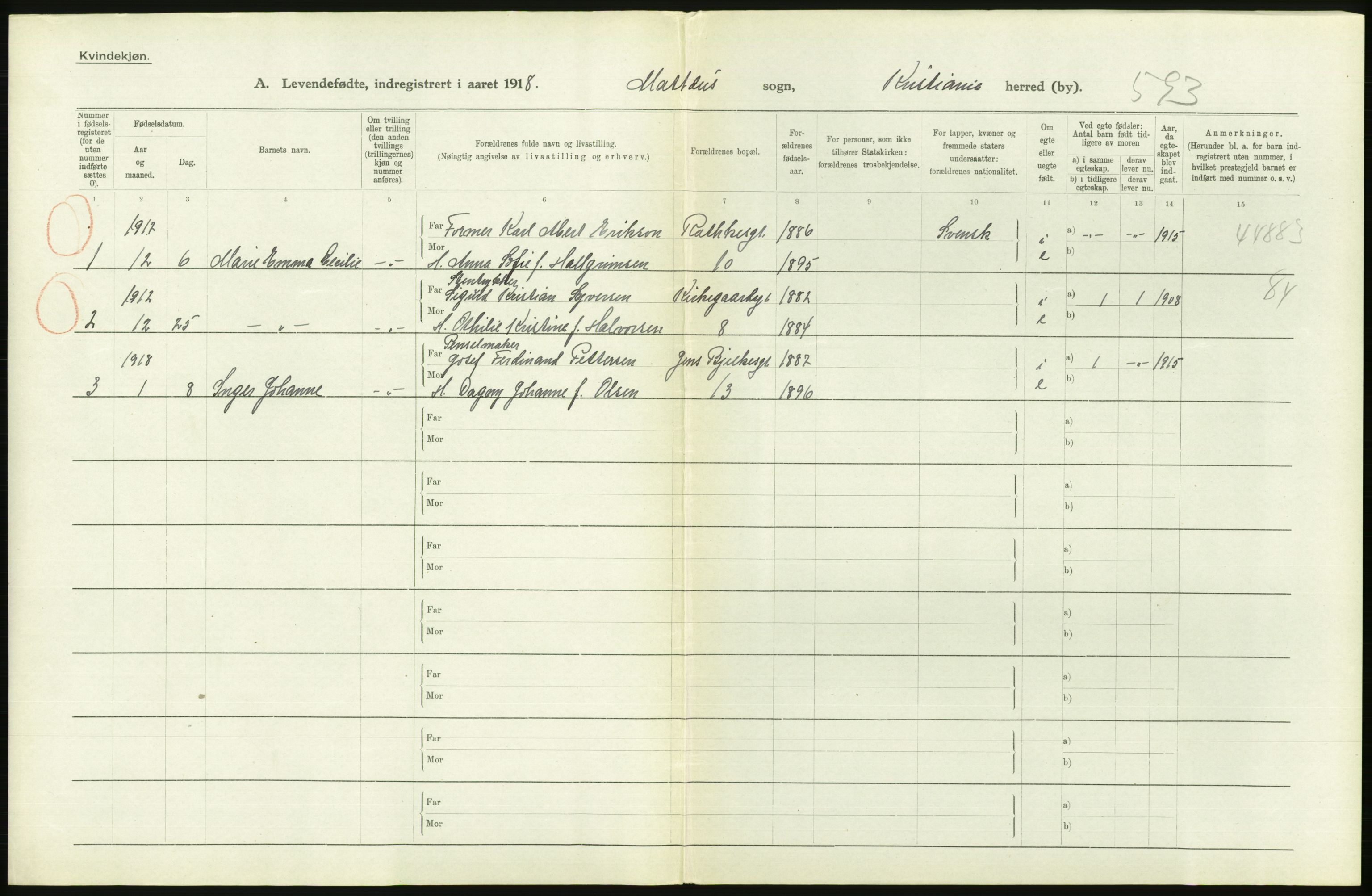 Statistisk sentralbyrå, Sosiodemografiske emner, Befolkning, AV/RA-S-2228/D/Df/Dfb/Dfbh/L0008: Kristiania: Levendefødte menn og kvinner., 1918, s. 24