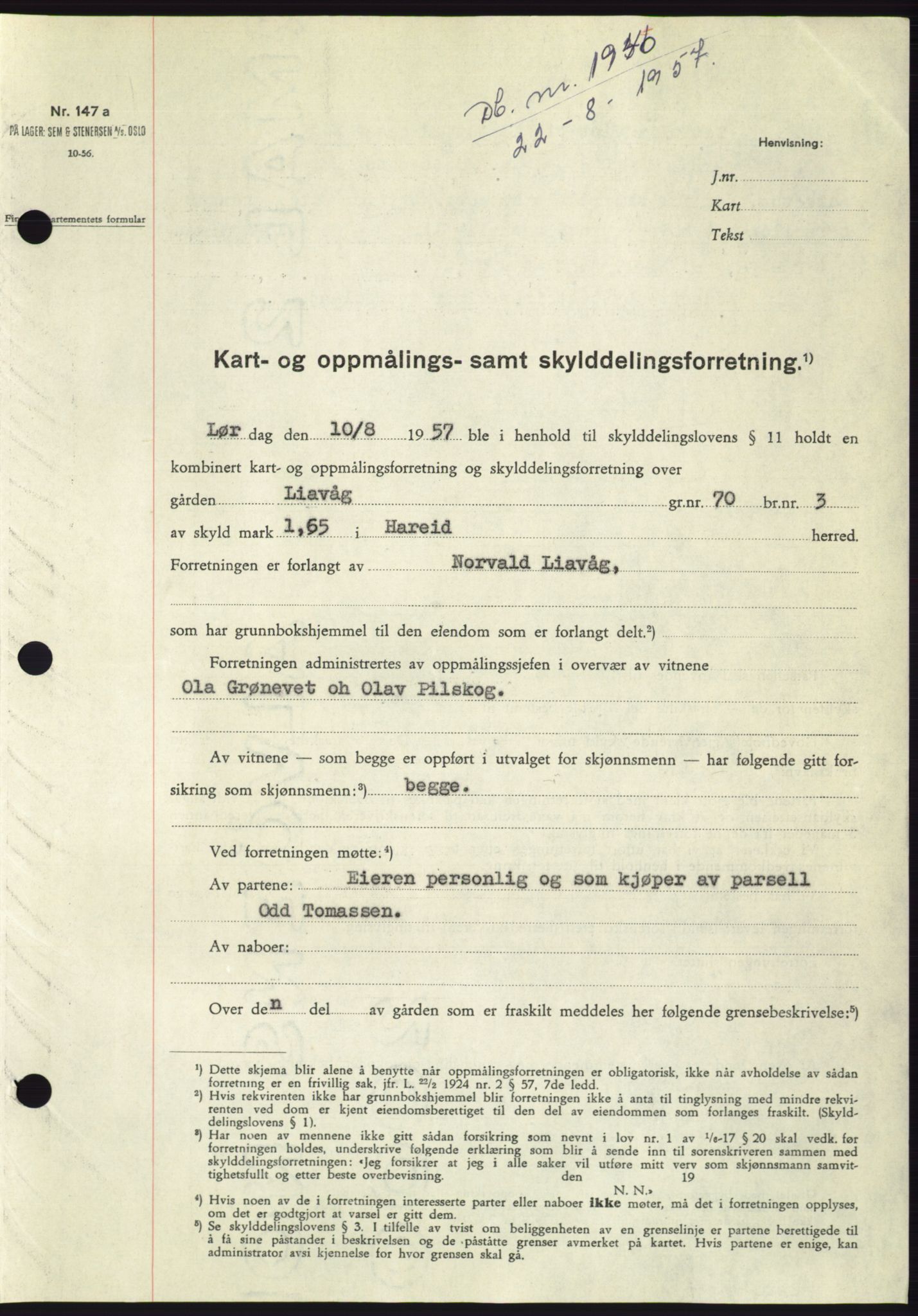 Søre Sunnmøre sorenskriveri, SAT/A-4122/1/2/2C/L0107: Pantebok nr. 33A, 1957-1957, Dagboknr: 1946/1957