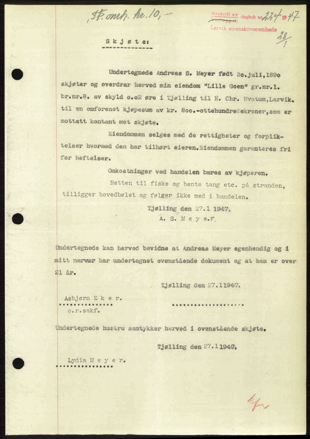 Larvik sorenskriveri, SAKO/A-83/G/Ga/Gab/L0083: Pantebok nr. A-17, 1946-1947, Dagboknr: 224/1947