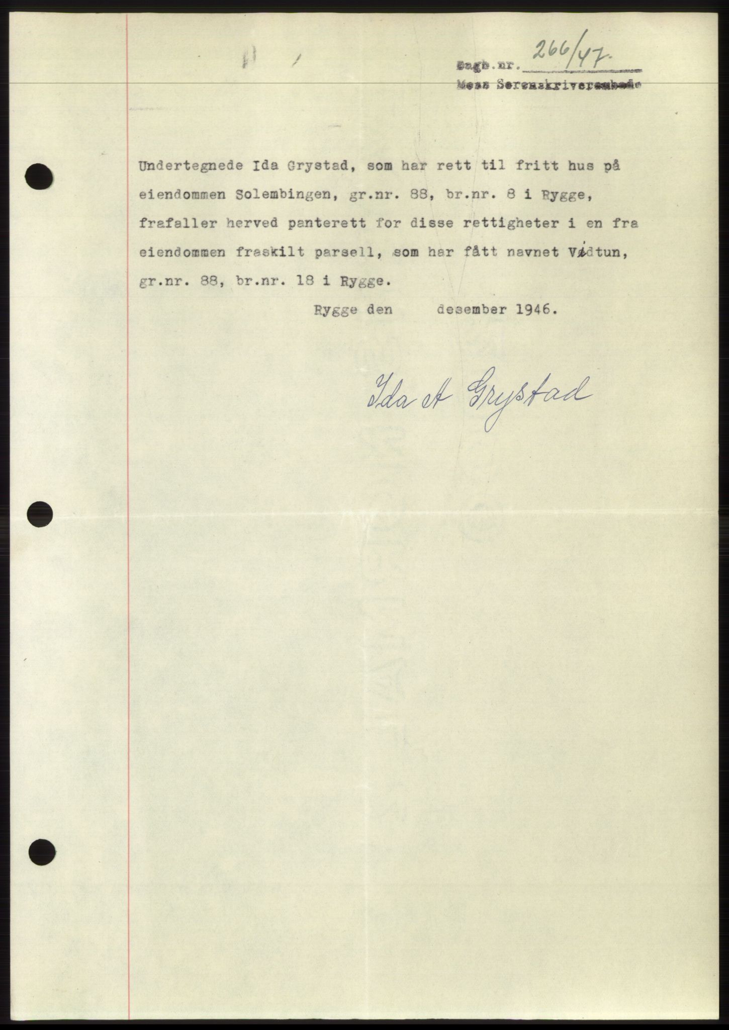 Moss sorenskriveri, SAO/A-10168: Pantebok nr. B16, 1946-1947, Dagboknr: 266/1947