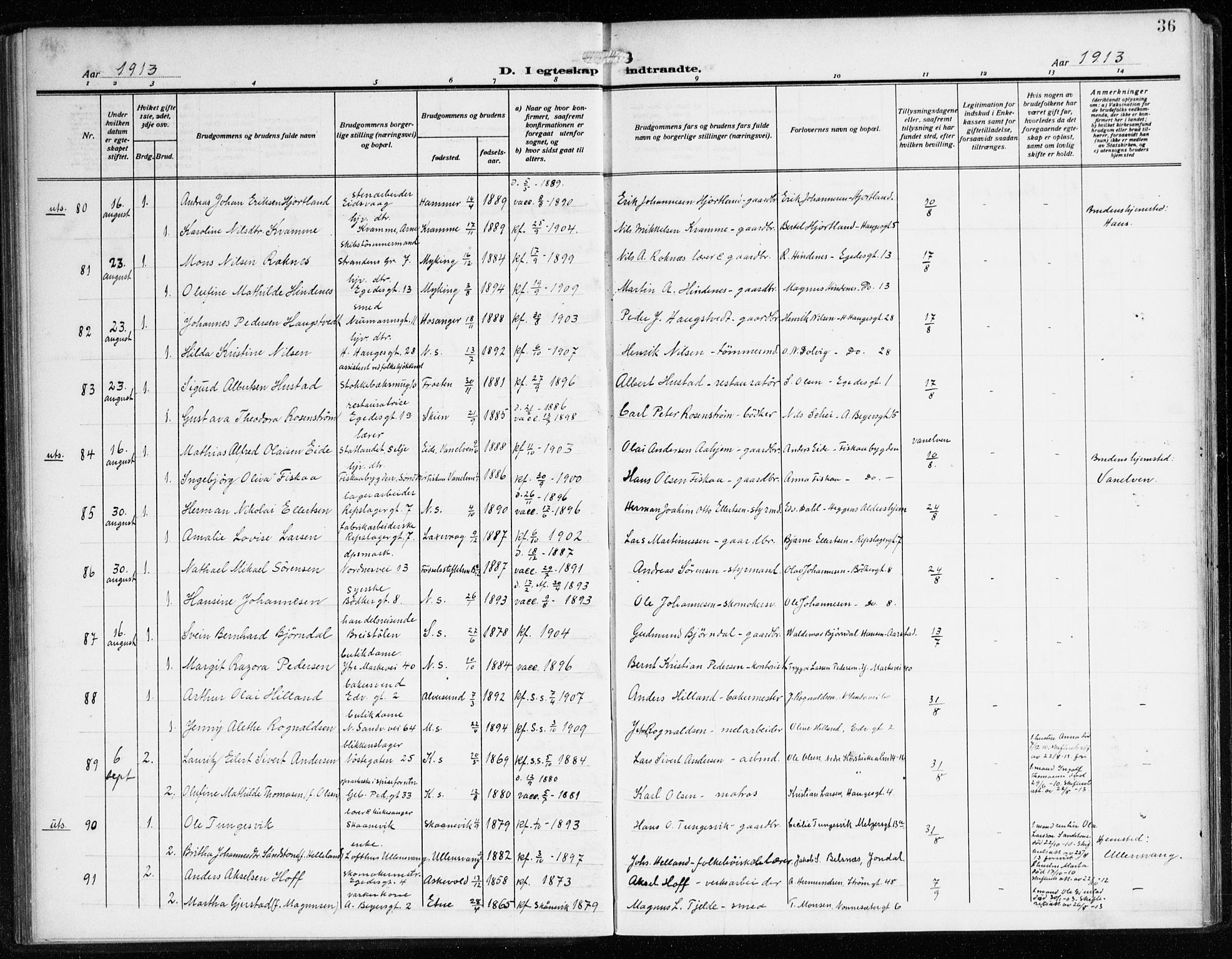 Sandviken Sokneprestembete, AV/SAB-A-77601/H/Ha/L0015: Ministerialbok nr. D 2, 1911-1923, s. 36