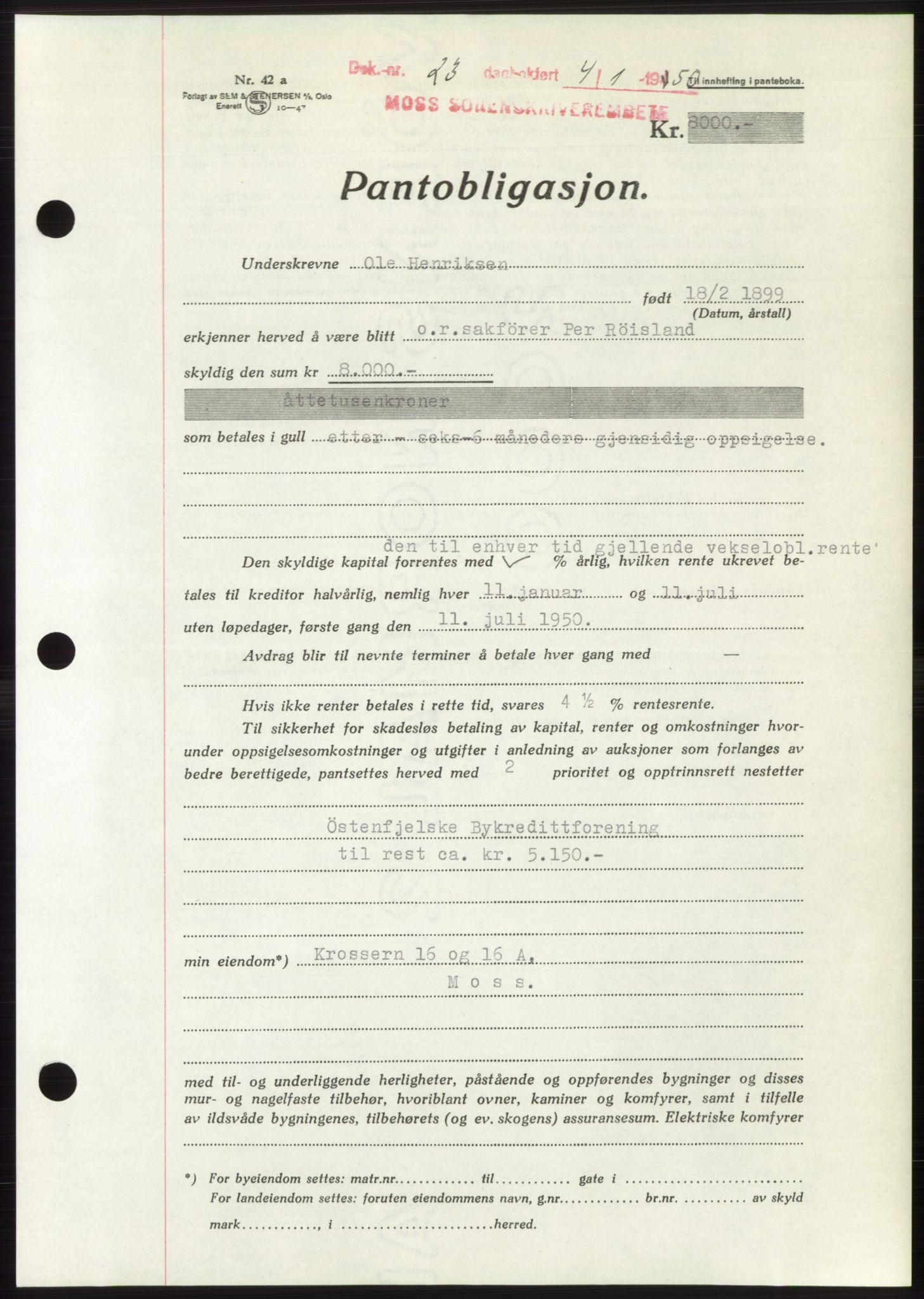 Moss sorenskriveri, SAO/A-10168: Pantebok nr. B23, 1949-1950, Dagboknr: 23/1950
