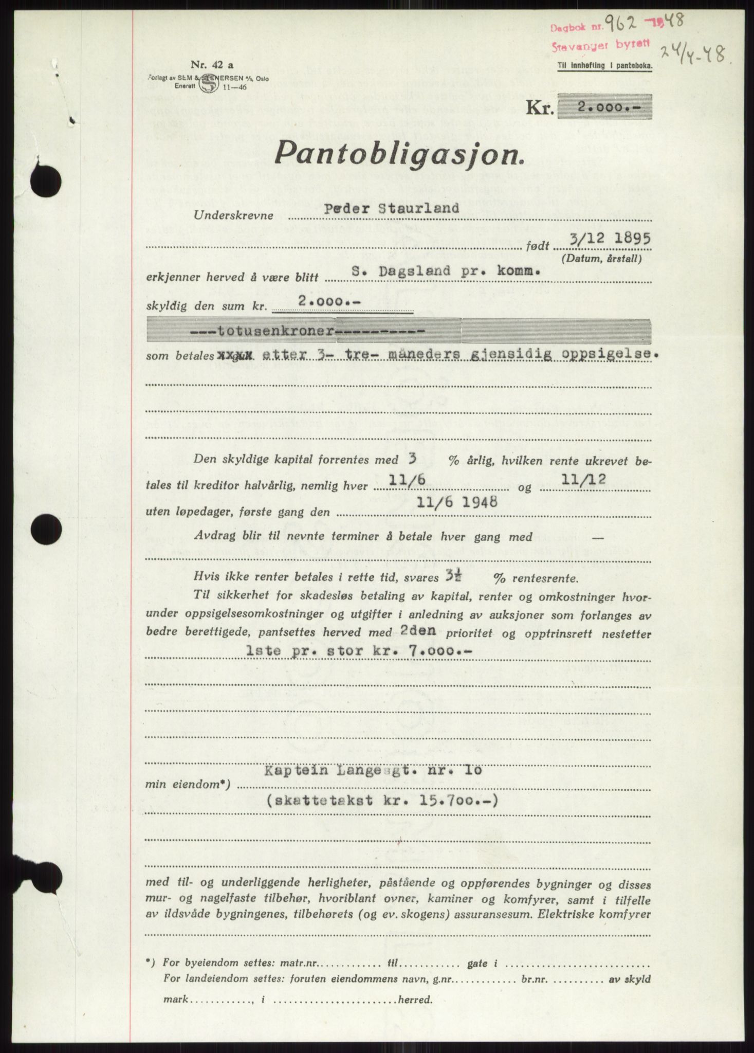 Stavanger byrett, SAST/A-100455/002/G/Gb/L0032: Pantebok, 1947-1950, Dagboknr: 962/1948