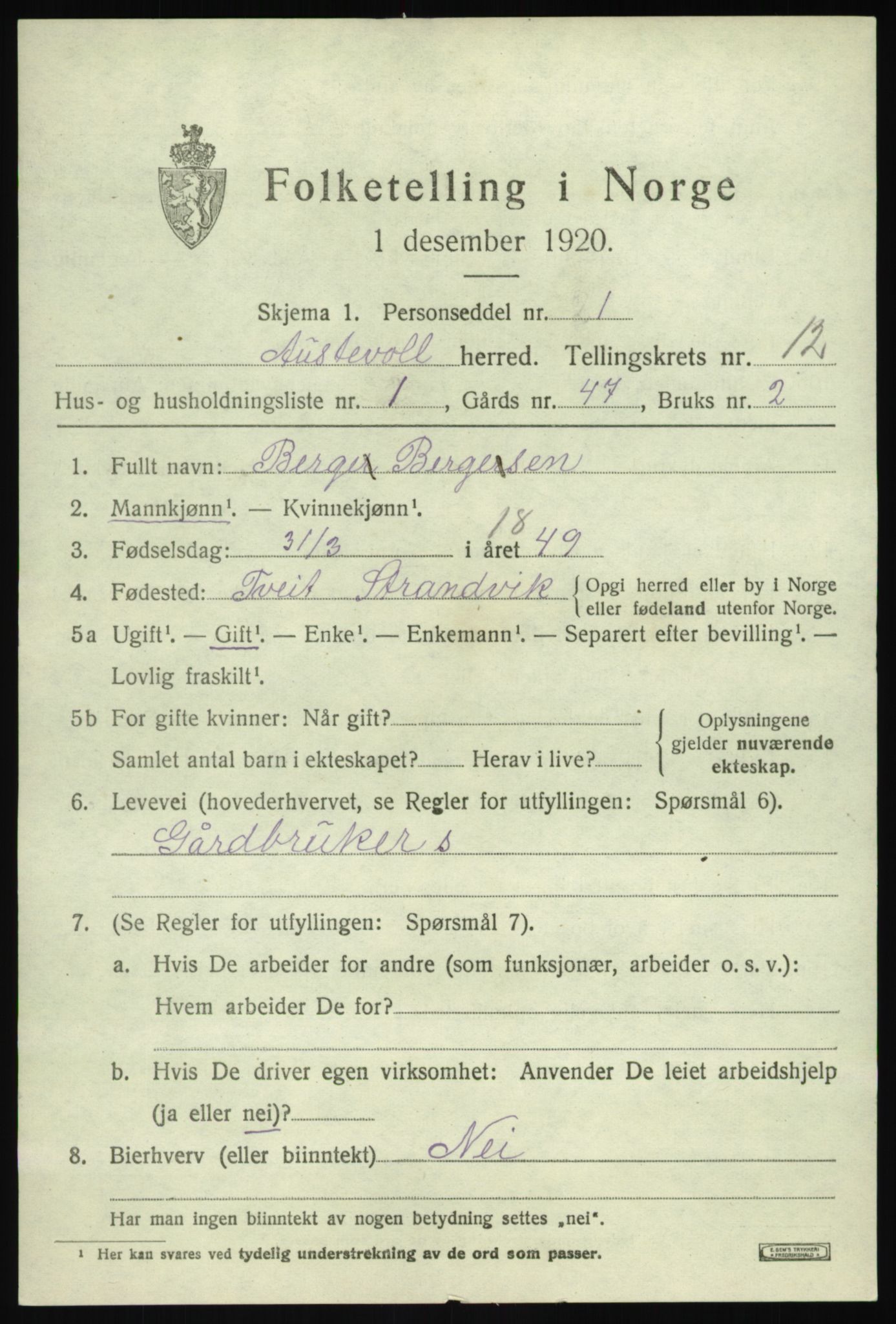 SAB, Folketelling 1920 for 1244 Austevoll herred, 1920, s. 6536