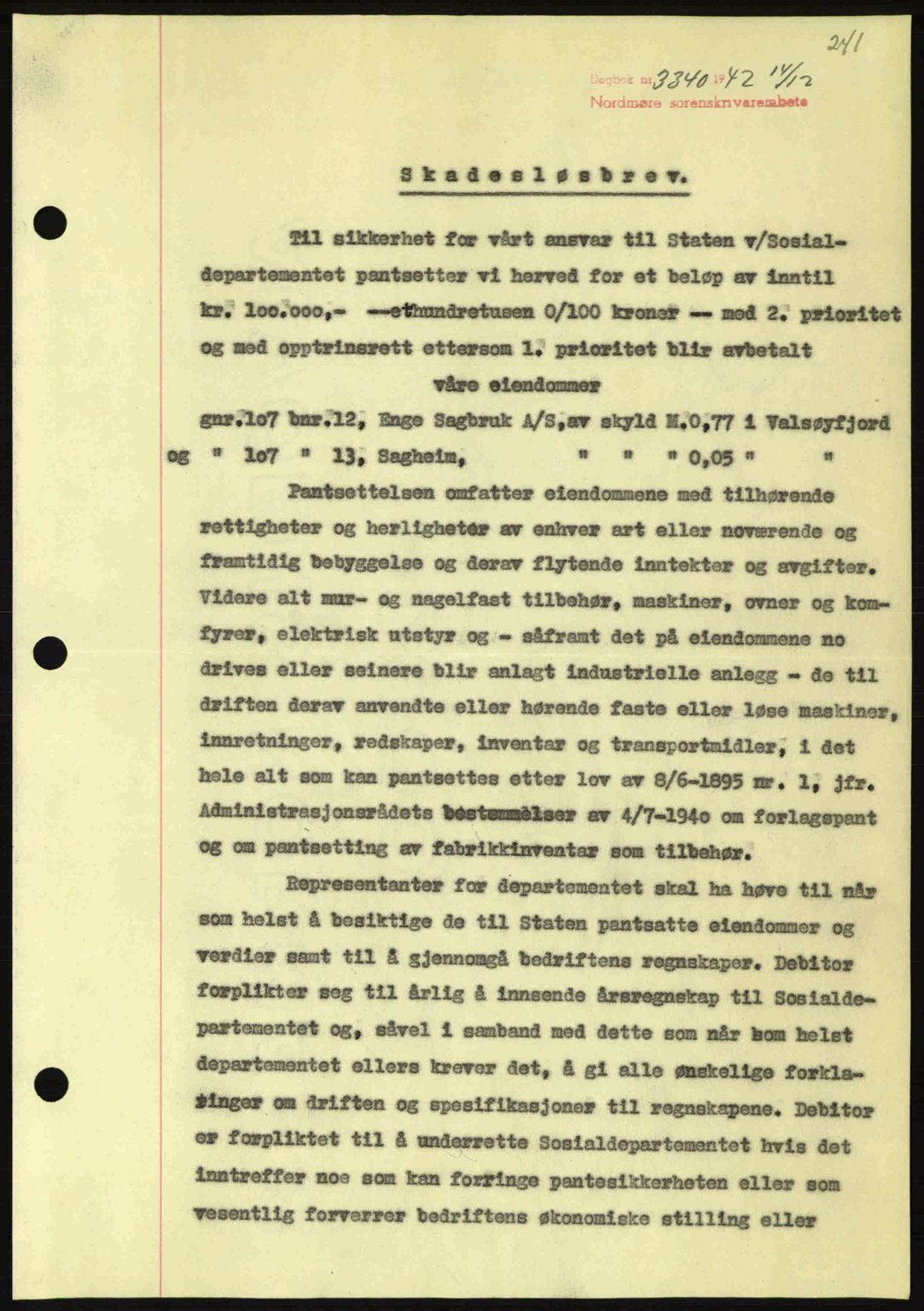 Nordmøre sorenskriveri, SAT/A-4132/1/2/2Ca: Pantebok nr. B90, 1942-1943, Dagboknr: 3340/1942
