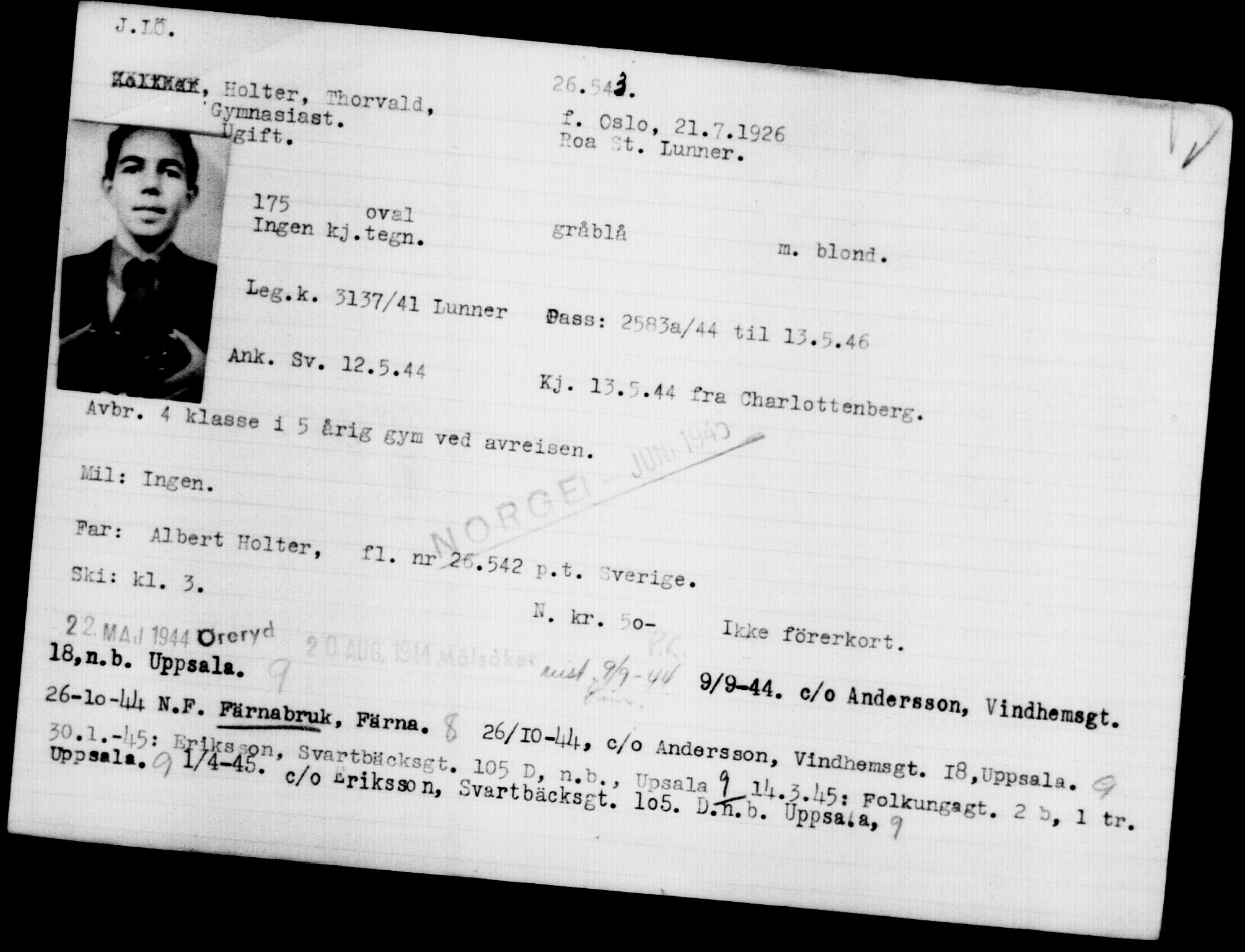 Utenriksstasjonene, Legasjonen i Stockholm, Flyktningkontoret, AV/RA-S-6753/V/Va/L0011: Kjesäterkartoteket, flyktninger med registreringsnr. 25300-28349, 1940-1945, s. 1305