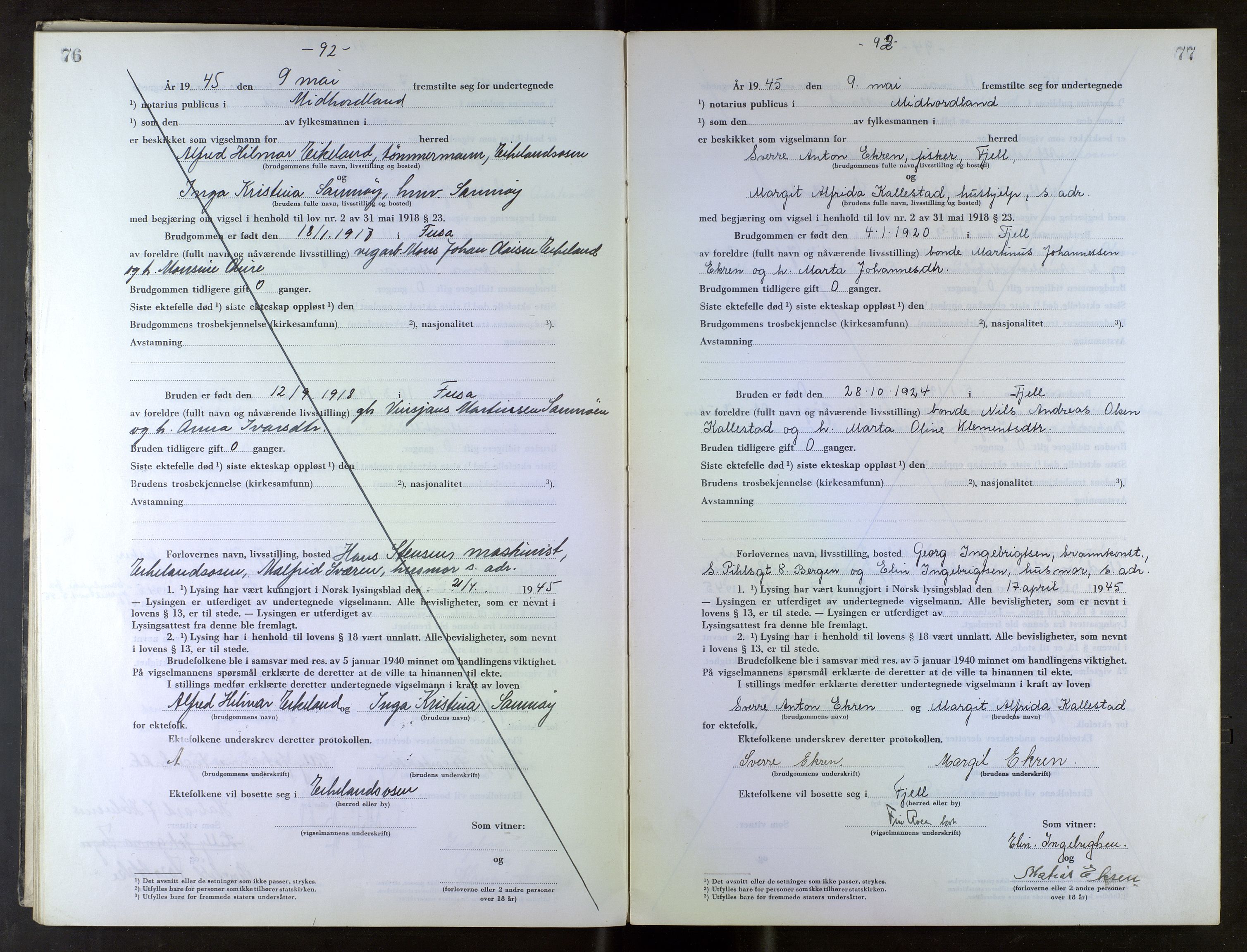 Midhordland sorenskriveri, AV/SAB-A-3001/1/M/Mc/Mca/L0007: Notarialbilag. Vigselbøker, 1945-1948, s. 76-77