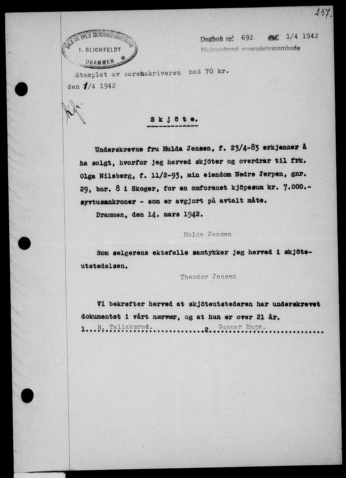 Holmestrand sorenskriveri, SAKO/A-67/G/Ga/Gaa/L0055: Pantebok nr. A-55, 1942-1942, Dagboknr: 692/1942