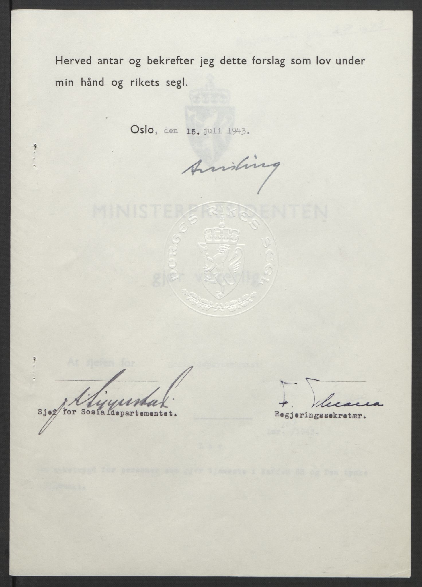 NS-administrasjonen 1940-1945 (Statsrådsekretariatet, de kommisariske statsråder mm), RA/S-4279/D/Db/L0099: Lover, 1943, s. 502