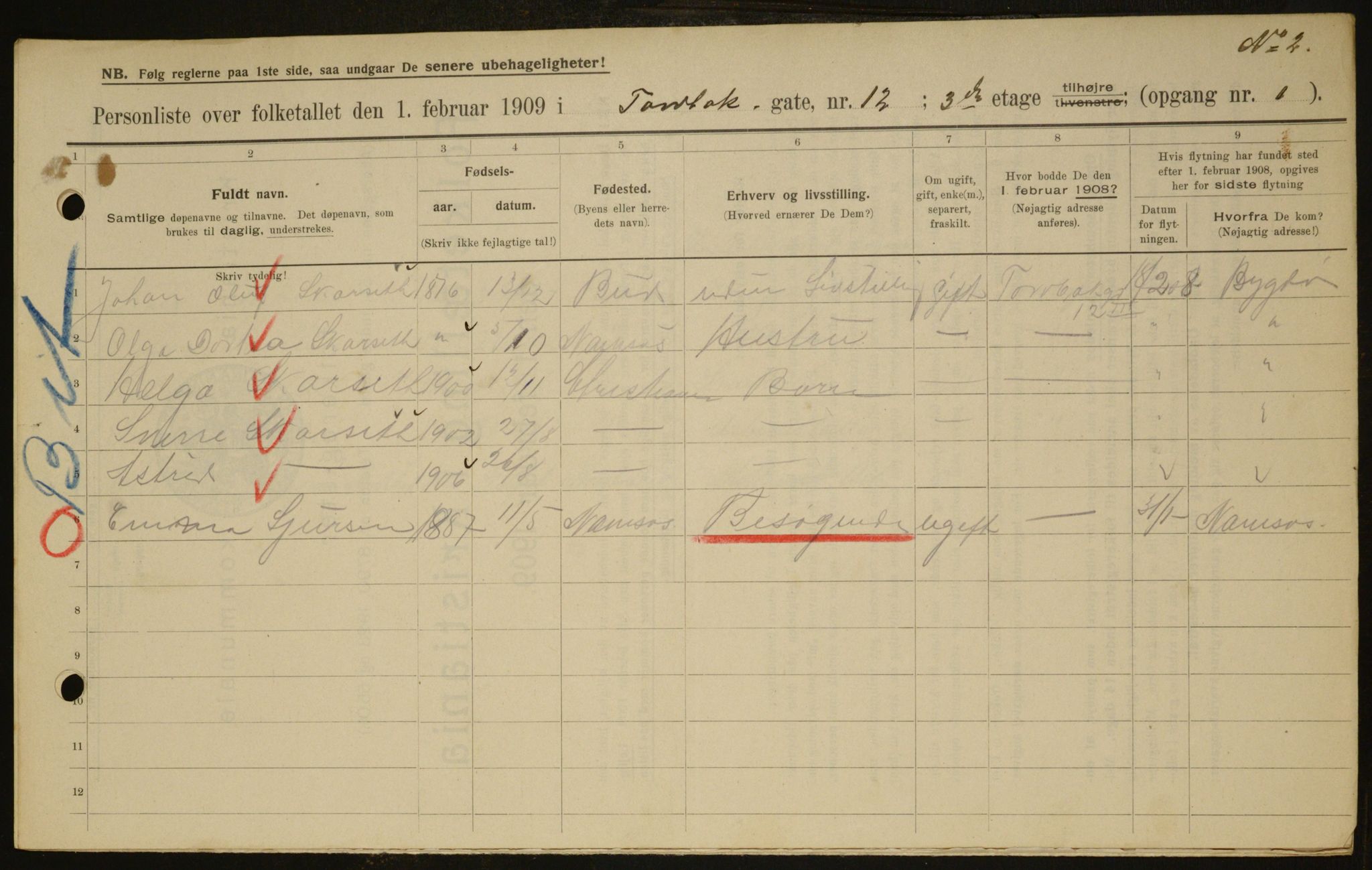 OBA, Kommunal folketelling 1.2.1909 for Kristiania kjøpstad, 1909, s. 104472