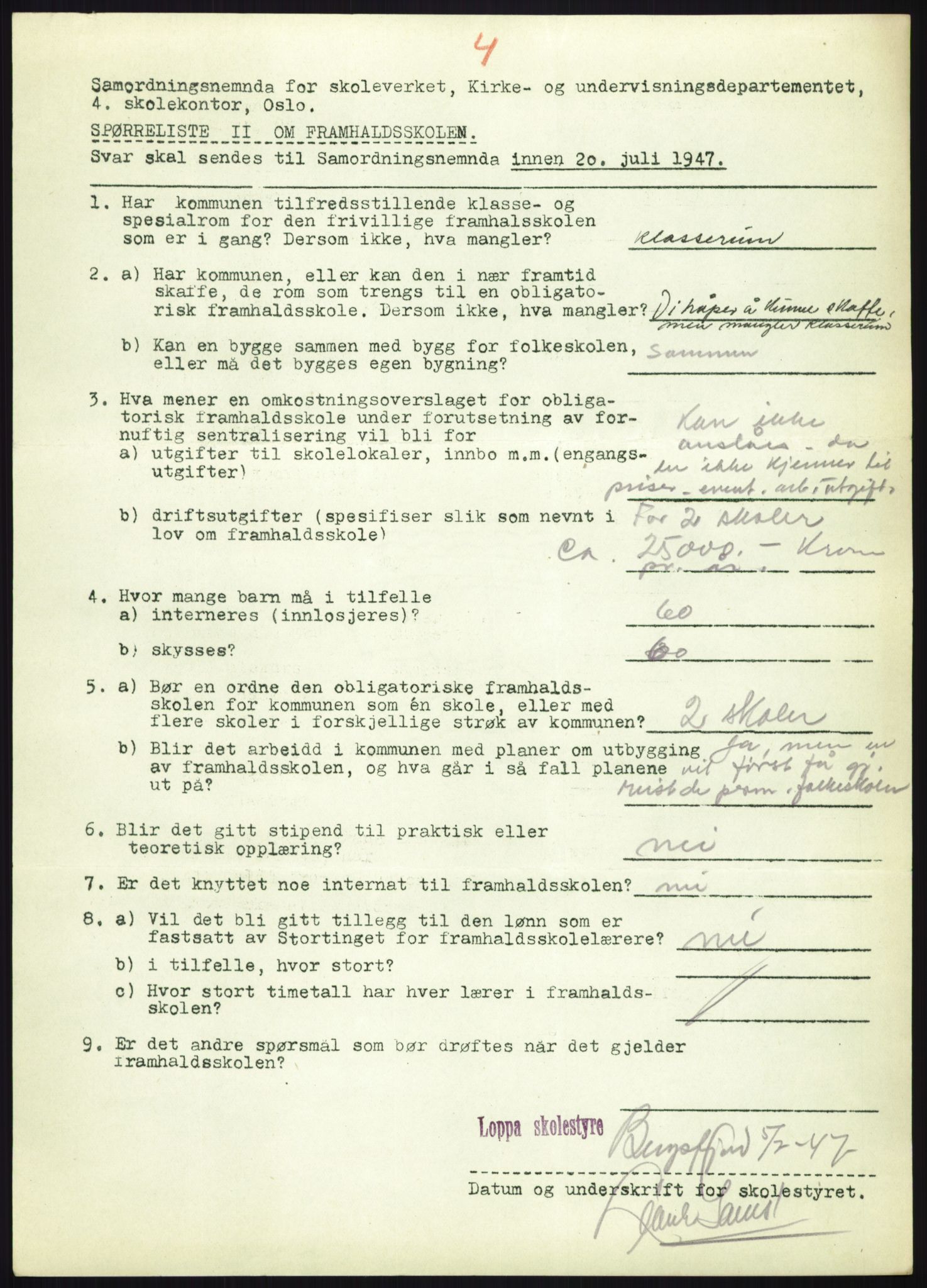 Kirke- og undervisningsdepartementet, Samordningsnemnda for skoleverket, AV/RA-S-1146/D/L0008: Svar på spørreskjema fra kommuner i Nord-Trøndelag, Nordland, Troms og Finnmark, 1947, s. 1056