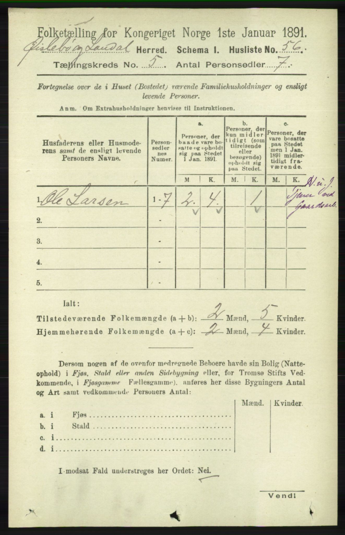 RA, Folketelling 1891 for 1021 Øyslebø og Laudal herred, 1891, s. 1334