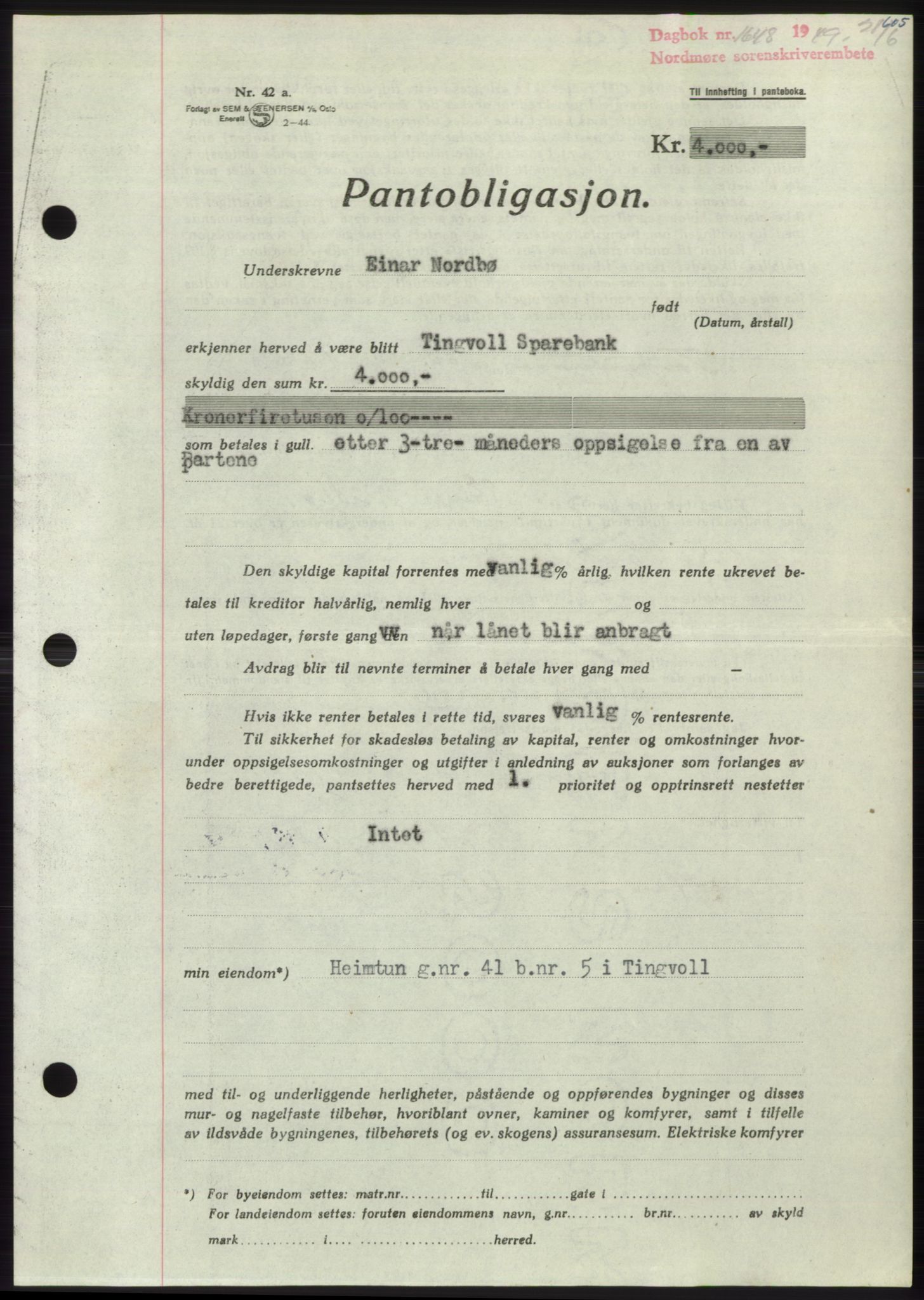 Nordmøre sorenskriveri, SAT/A-4132/1/2/2Ca: Pantebok nr. B101, 1949-1949, Dagboknr: 1648/1949