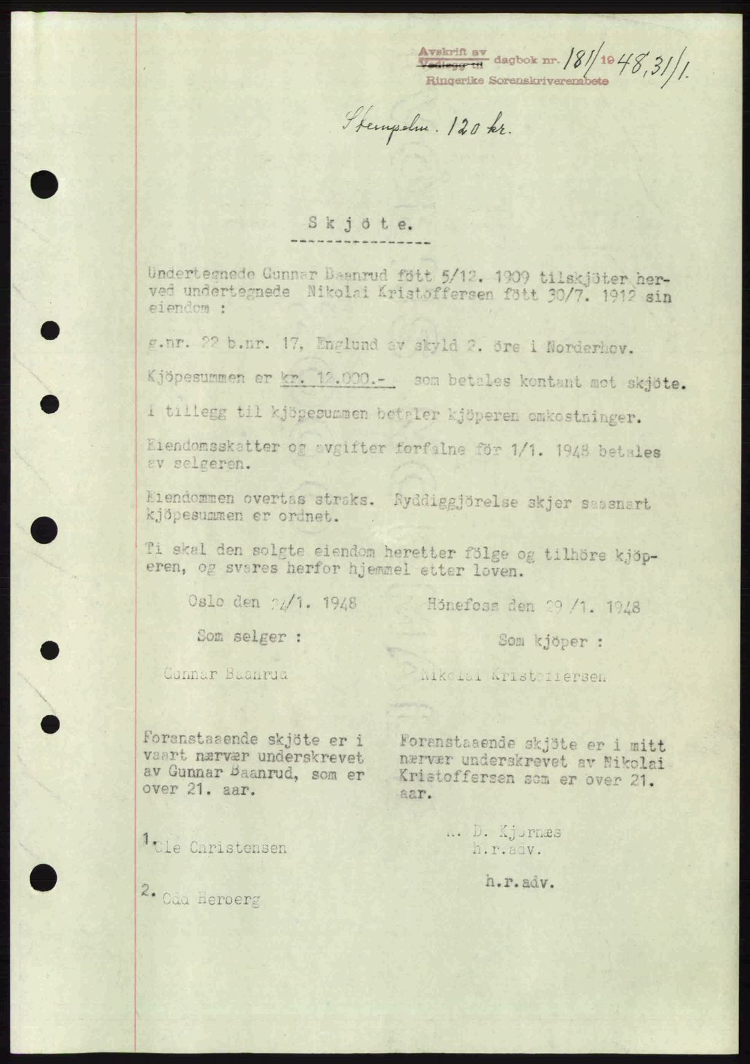 Ringerike sorenskriveri, SAKO/A-105/G/Ga/Gab/L0088: Pantebok nr. A-19, 1948-1948, Dagboknr: 181/1948