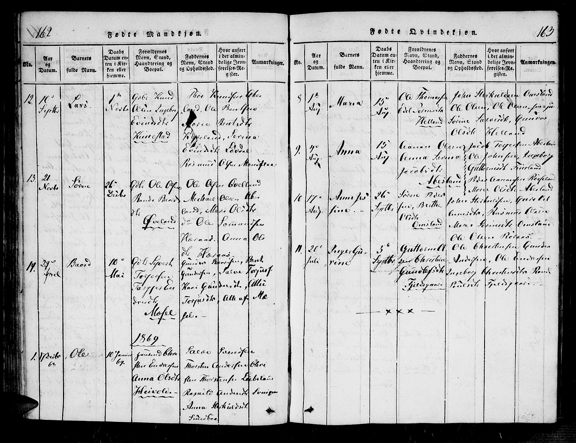 Bjelland sokneprestkontor, SAK/1111-0005/F/Fa/Fab/L0002: Ministerialbok nr. A 2, 1816-1869, s. 162-163